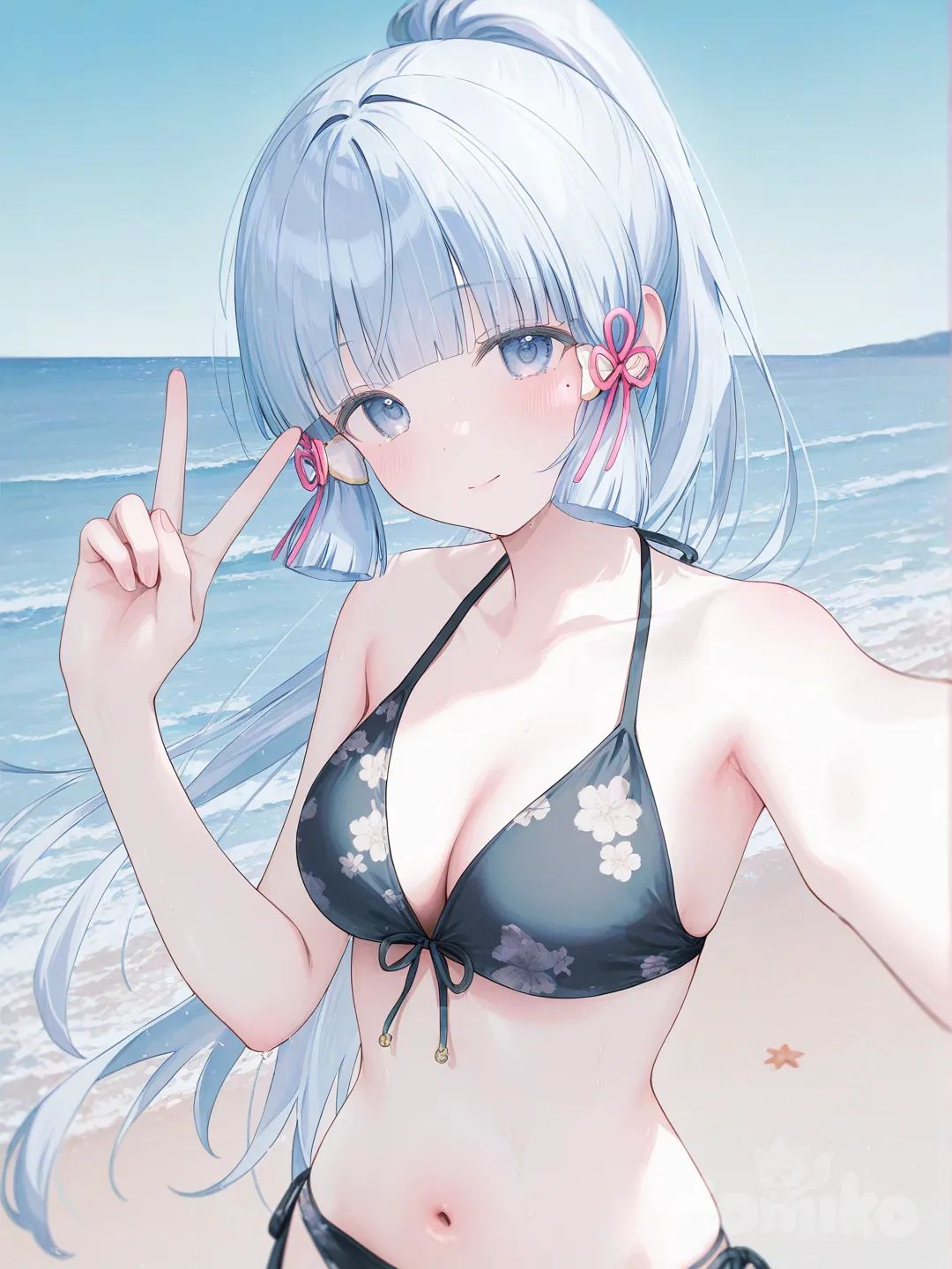 Kamisato Ayaka, [soft-pastel-style], selfie, black flower bikini, beach, see the camera