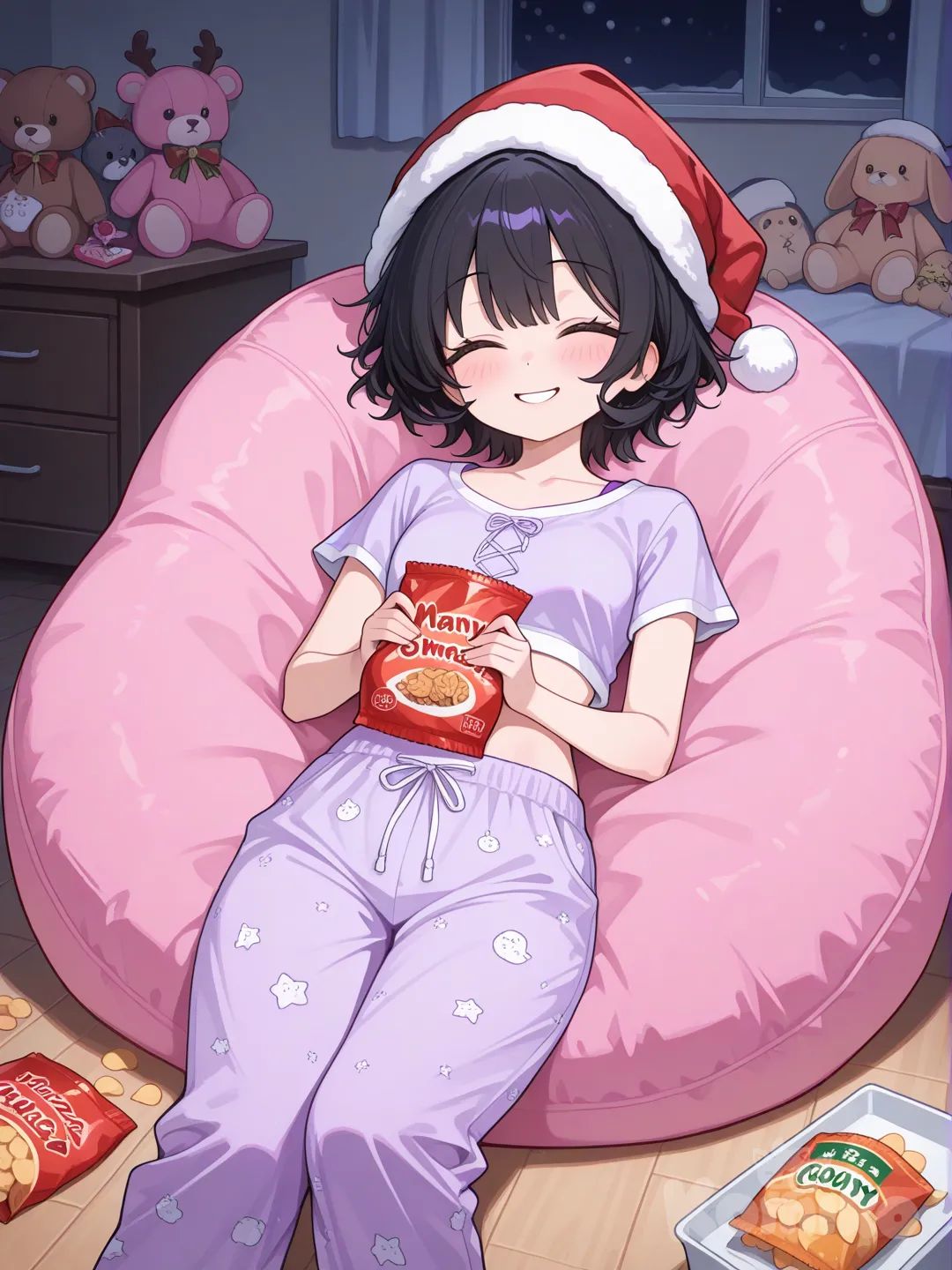 1 girl,black short hair,lay on beanbag,eyes closed,smile,snacks,bedroom,full of stuffies,purple comfy crop top,pajama pants,santa hat