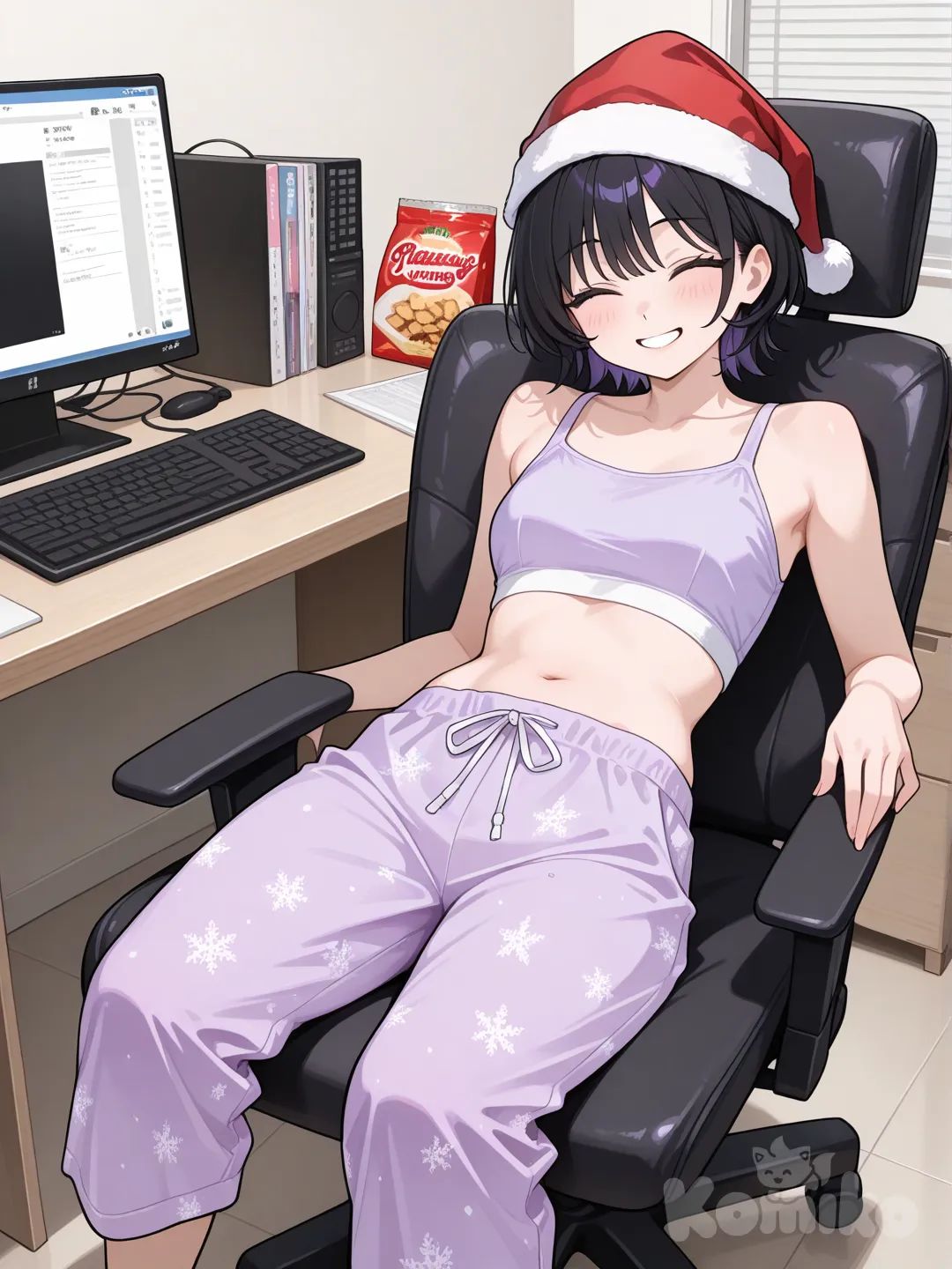 1 girl,black short hair,lay on comfy office chair,eyes closed,smile,snacks,purple comfy crop top,pajama pants,santa hat,at desk facing computer