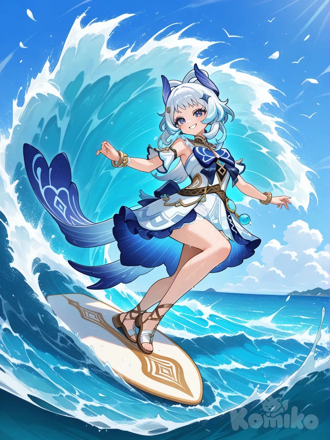 @Mualani_(Genshin_Impact), surfing,big wave,petal ears,ocean like dress