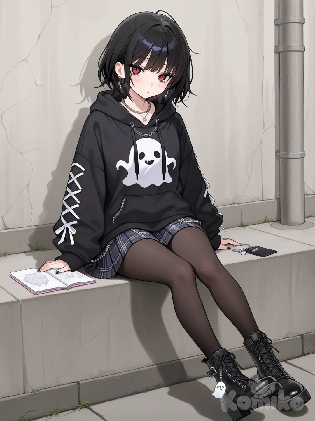 Wears an oversized black hoodie with ghost icon prints and a short plaid skirt underneath. Black tights, lace-up boots, and a chain necklace with a small notebook charm.