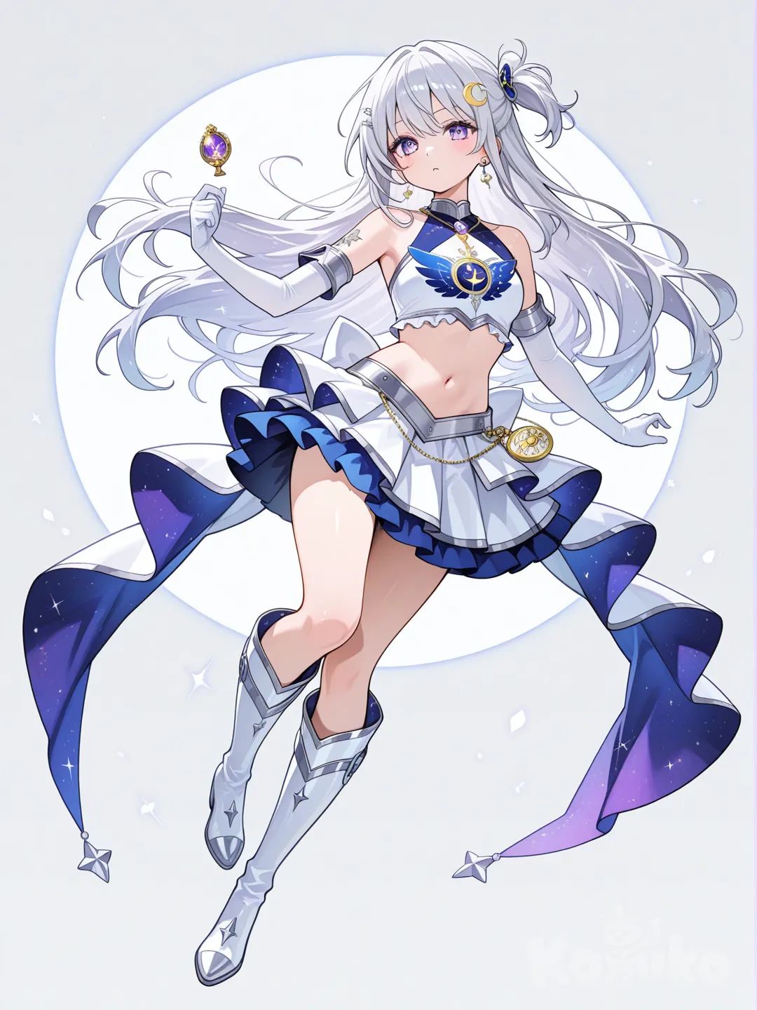 Her magical-girl outfit includes a silver halter crop top with a moon emblem, a layered short skirt, arm-length gloves, and knee-high boots. Her moon-shaped locket glows at her chest.