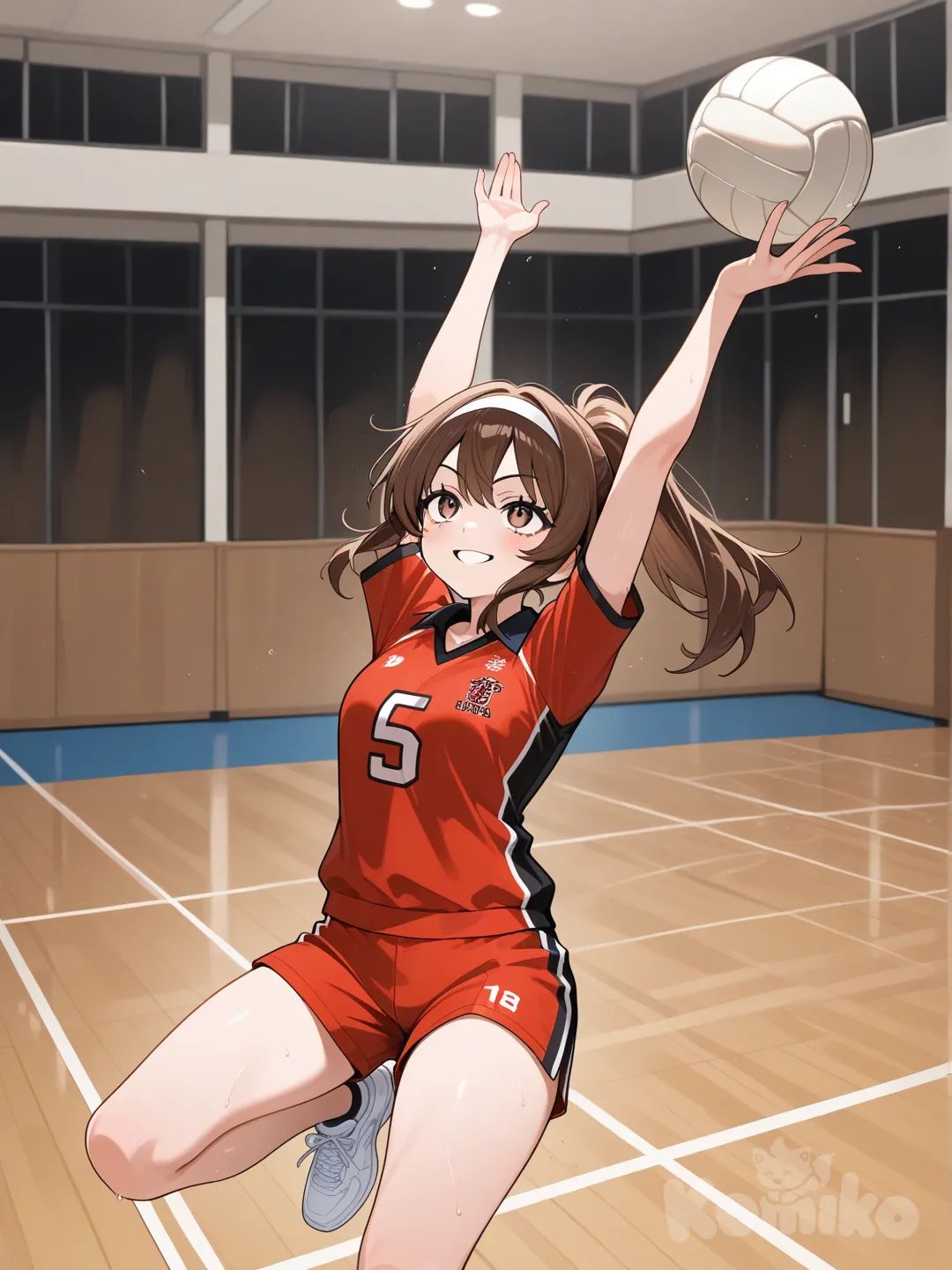 Action: Tossing a volleyball into the air
Hair: Brown tied in a sporty ponytail
Eyes: Sharp dark brown
Clothes: School sports uniform
Personality: Determined, upbeat, good teammate