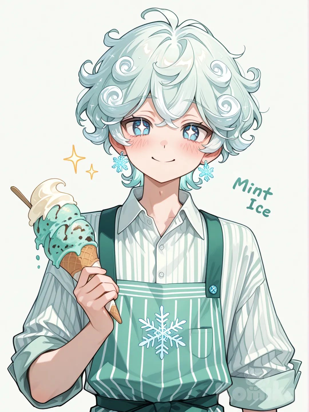 Action: Tossing scoops of magical ice cream that float around him
Hair: Frosty white hair that curls softly at the tips
Eyes: Soft pastel-blue eyes with a frosty sparkle
Clothes: Striped mint-green apron, rolled-up sleeves, little snowflake earrings
Vibe: Sweet, calm, a bit shy about his creations