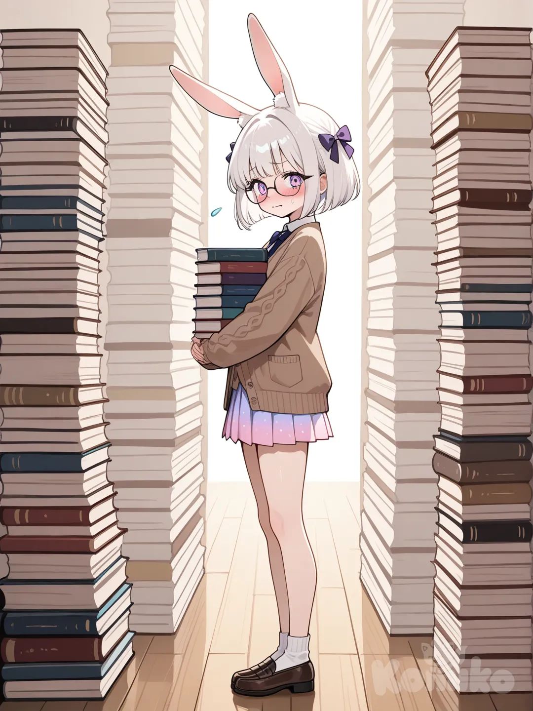 Action: Carrying a stack of books taller than she is
Hair: White hair bob cut, long rabbit ears
Eyes: Soft lavender eyes
Clothes: Brown cardigan, pastel skirt, ribbon bow, reading glasses
Vibe: Bookish, adorable, easily flustered
