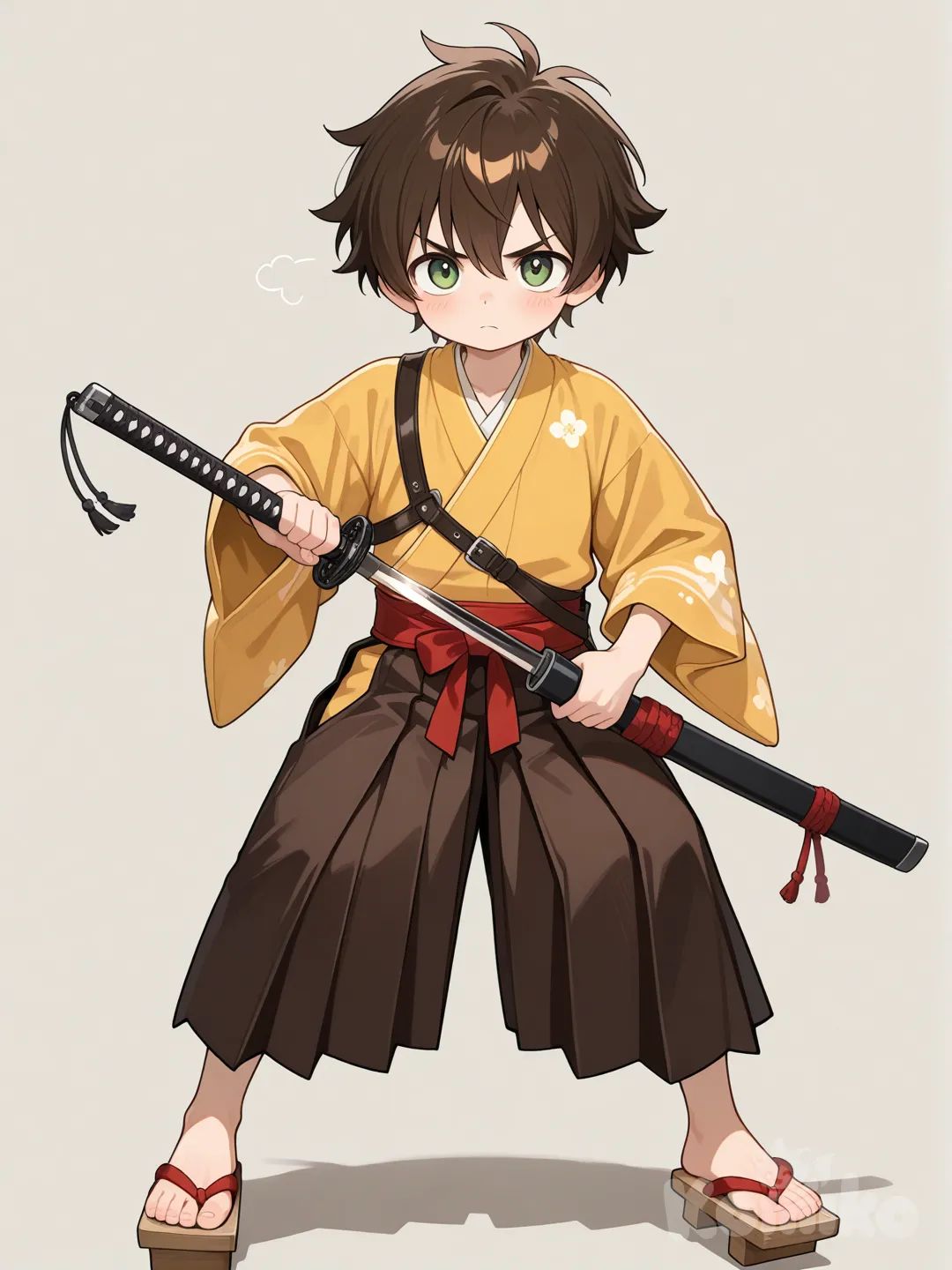 Action: Drawing a small but beautifully crafted katana
Hair: Short fluffy dark-brown hair
Eyes: Deep green eyes with a soft, determined look
Clothes: Traditional mini-samurai attire, red sash, tiny wooden sandals
Vibe: Brave, loyal, surprisingly cute when he tries to act serious