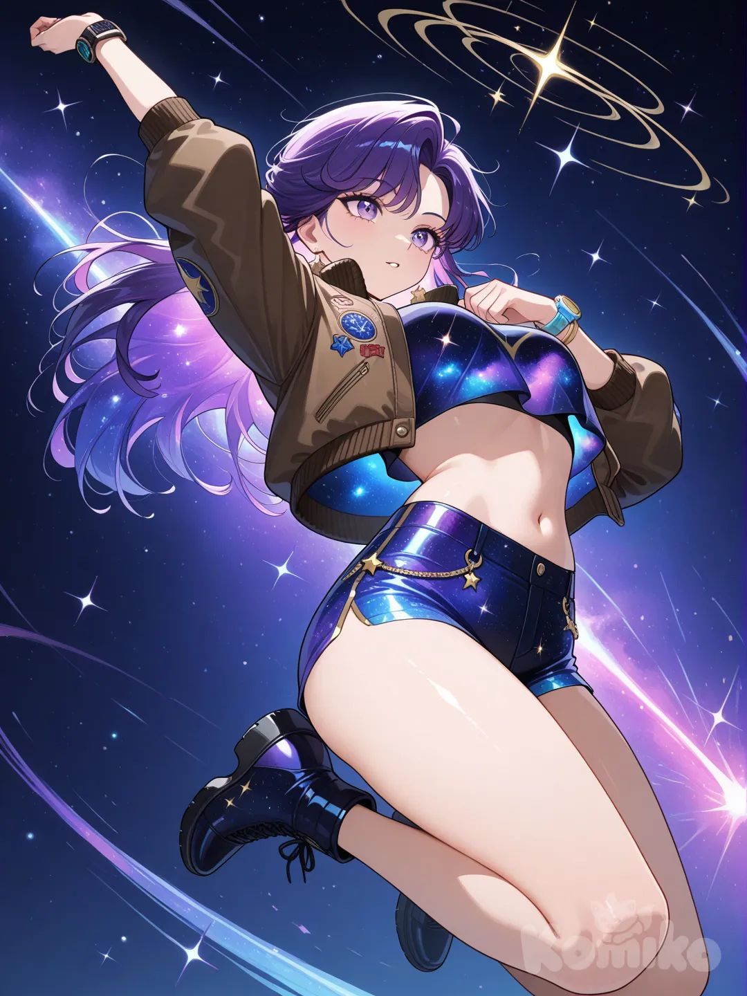 Glittering galaxy-pattern bomber jacket, metallic crop top, and holographic shorts.
She taps her wrist device, launching upward on a burst of shimmering stardust like a mini rocket.