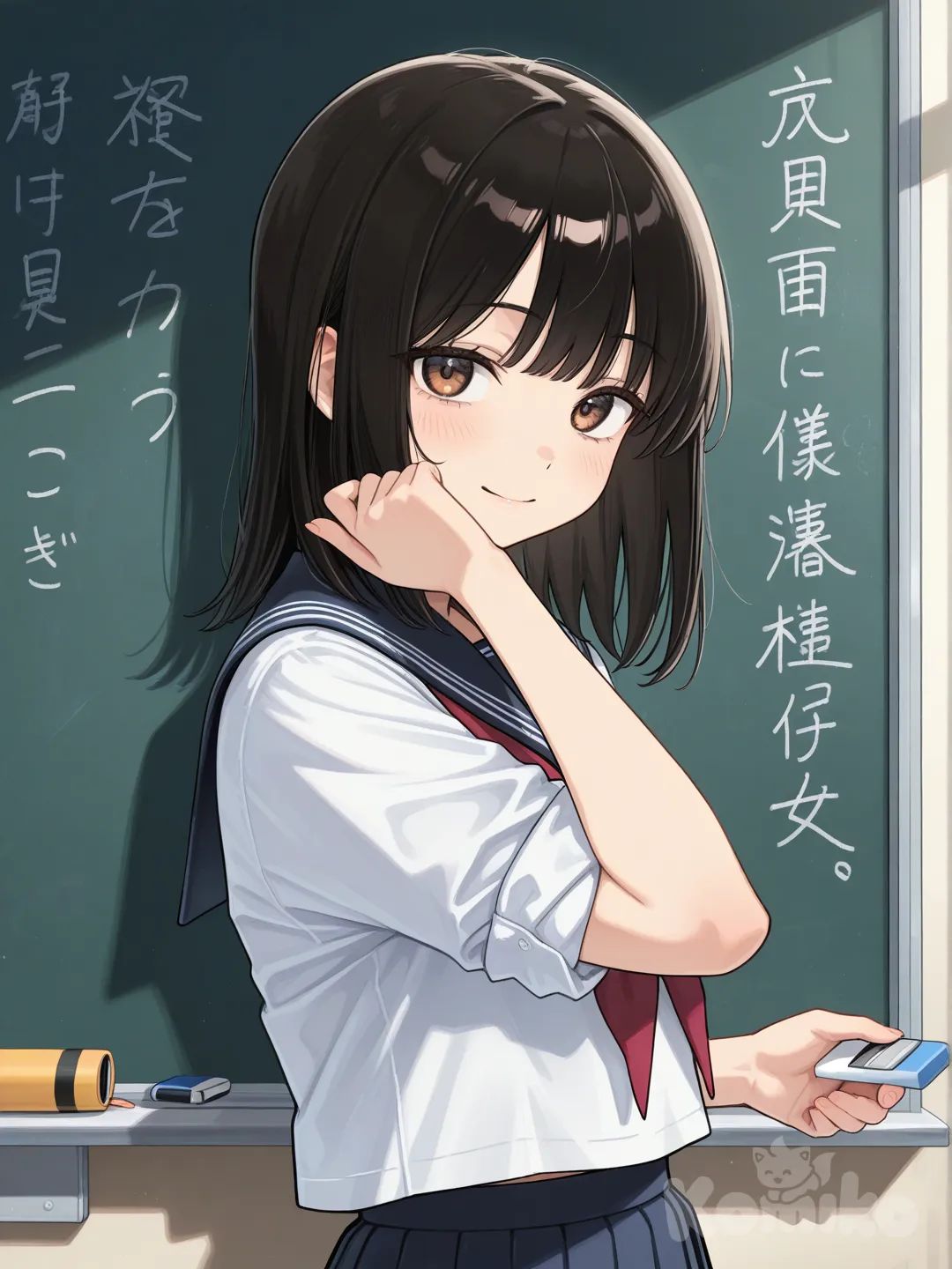 Action: Wiping the chalkboard with a soft smile
Hair: Smooth black hair in a mid-length cut
Eyes: Soft brown
Clothes: School uniform with sleeves neatly rolled
Personality: Responsible, patient, tidy