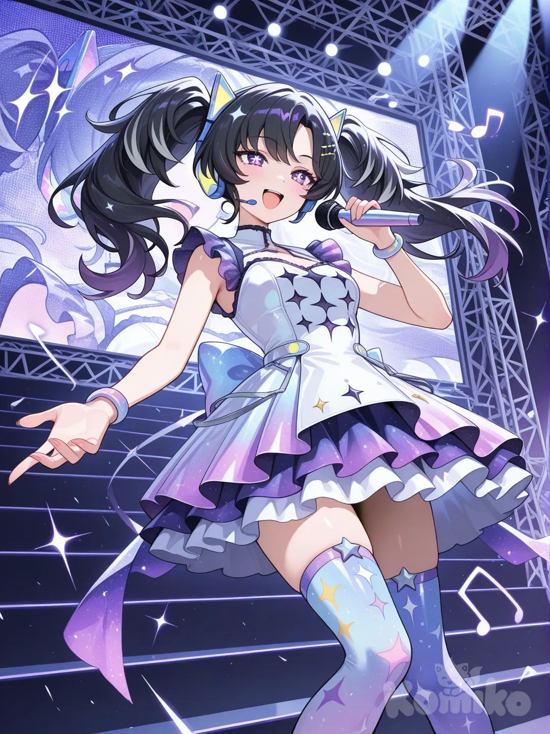 Action: Singing into a floating mic as soundwaves ripple out
Hair: Black hair in twin-tails with purple tips
Eyes: Bright violet eyes shaped like music notes
Clothes: Sparkling stage dress, star-pattern stockings, neon headset
Vibe: Cute, charismatic, always shining