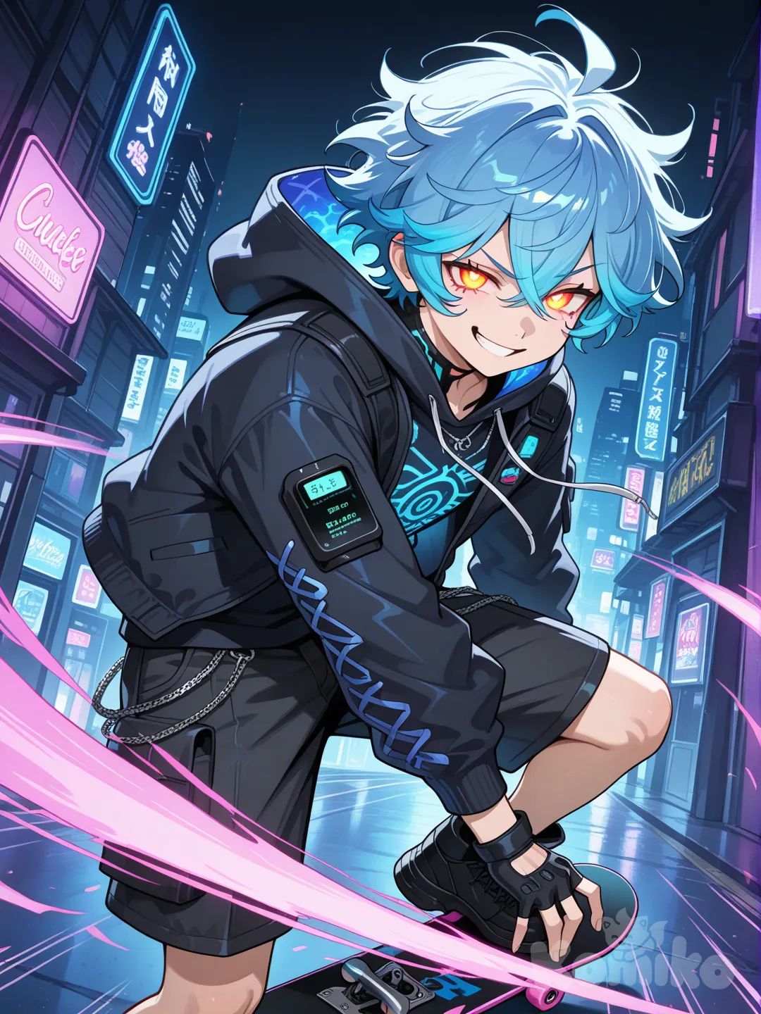Action: Sliding across a rail on a hover-skateboard
Hair: Messy electric-blue hair with a neon streak
Eyes: Golden-amber eyes that glow subtly when he builds up speed
Clothes: Futuristic hoodie, fingerless gloves, black cargo shorts, digital patch on his sleeve showing battery level
Vibe: Energetic, playful troublemaker