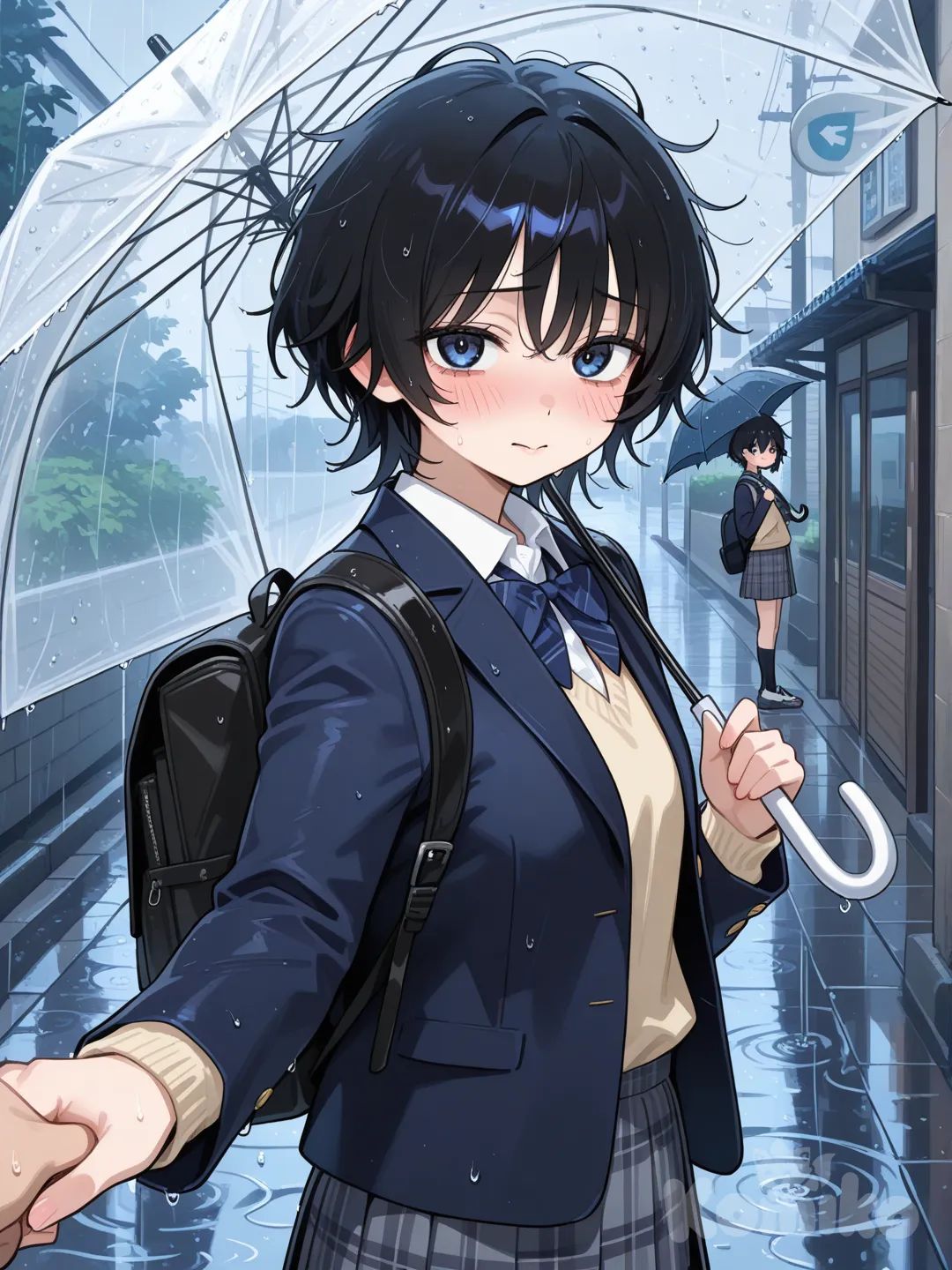 Action: Holding an umbrella out to someone else
Hair: Black and slightly messy
Eyes: Deep blue
Clothes: School jacket, backpack
Personality: Shy, considerate, humble