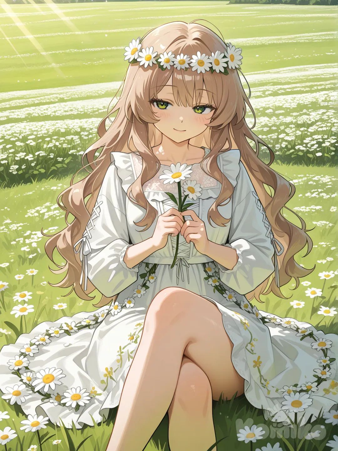 Action: Sitting cross-legged on the grass weaving daisies into a circle.
Hair: Soft honey-brown, long and slightly wavy.
Eyes: Light green.
Hobby: Making flower crowns for friends.
Personality: Helpful, gentle.
