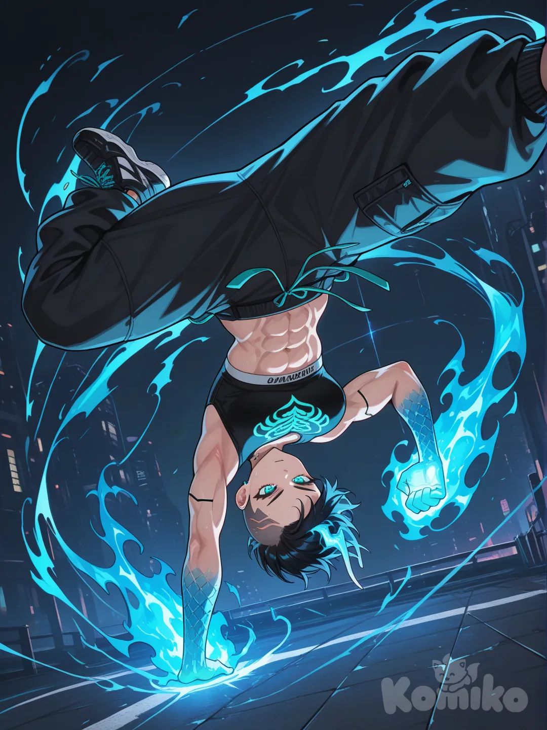 Appearance:
Short black hair with a teal dragon shaved into one side, glowing teal eyes, muscular build, neon streetwear with dragon-scale patterns. Fists radiate blue fire.

Actions:

Punches with dragon-shaped energy blasts

Breakdances mid-fight with energy trails

Summons an ethereal dragon spirit behind her

Vibe: Stylish, energetic, very popular fighter design.