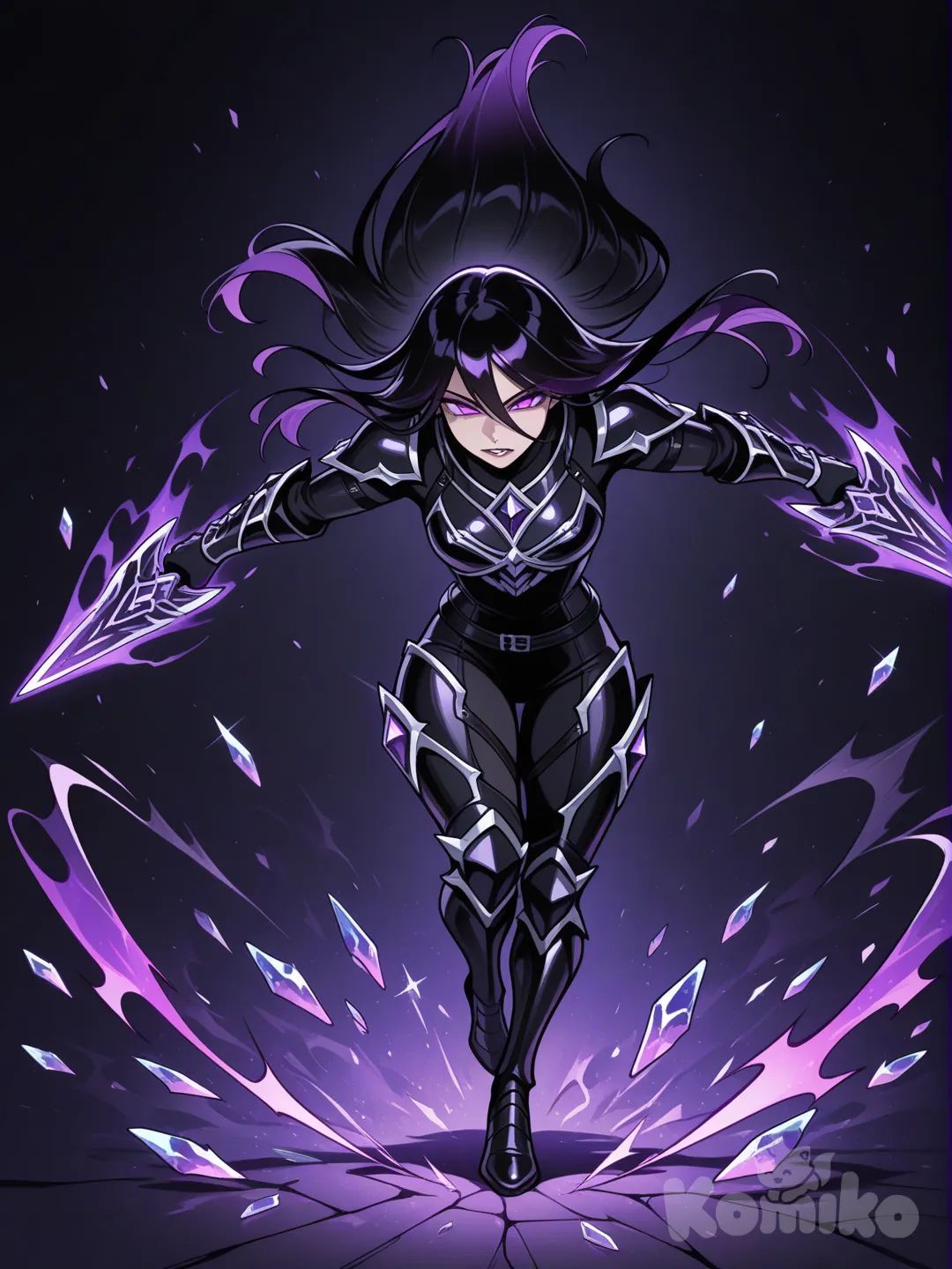 Midnight-black hair with obsidian highlights

Sharp violet eyes

Sleek black armor infused with crystal shards

Twin daggers made of pure onyx

Actions:

Creates crystal clones

Uses shadow-crystal stealth arts

Enters Black Diamond Ascension, boosting all abilities

Popularity Factor:
Stylish, deadly, mysterious — perfect “cool assassin waifu.