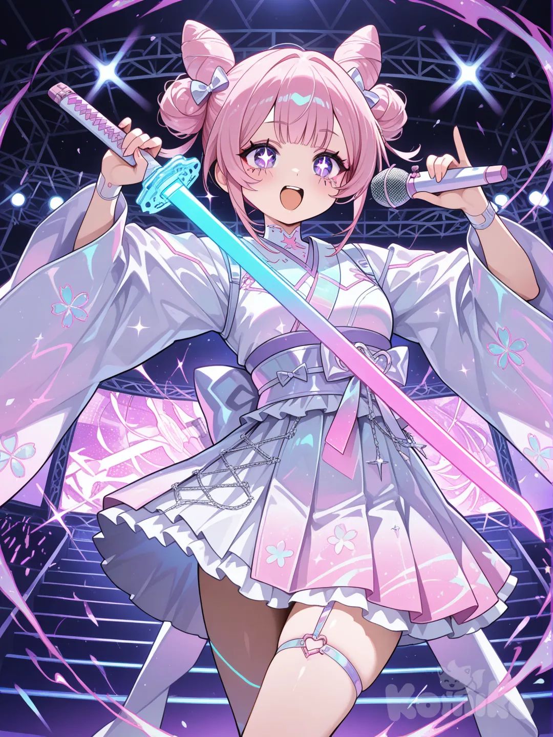 Pop idols, influencers, and Japanese performance arts.

Appearance:

Pink hair in cute twin buns

Sparkling violet eyes

Stylish techno-kimono with neon accents

Katana with holographic blade lights

Actions:

Uses voice-based charm techniques

Performs sword dances inspired by real traditional performances

Can broadcast illusions through her “idol aura”

Why She Feels Real:
Her career, popularity, and outfits resemble actual modern pop idols.
