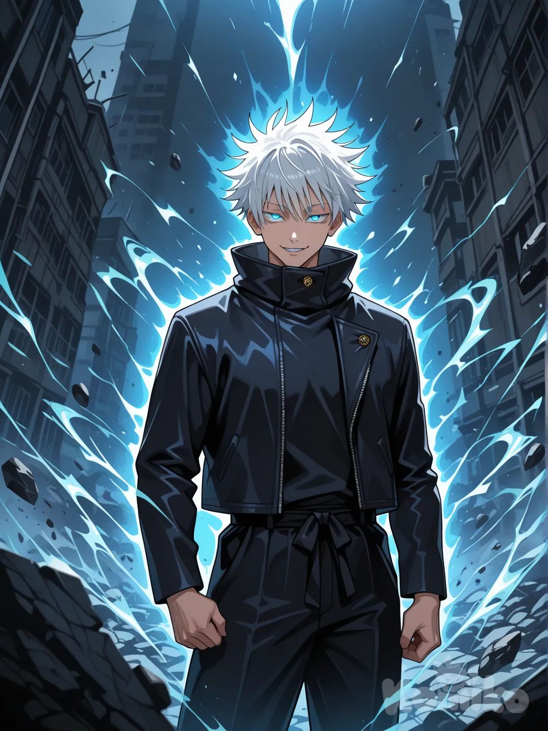 .

🏆 PERFECT 1ST-PLACE AI IMAGE PROMPT
Character: Gojo Satoru – “Awakened Infinity”
🔥 MAIN PROMPT

Ultra-cinematic anime illustration of Gojo Satoru from Jujutsu Kaisen, standing confidently at the center of a shattered battlefield, blindfold removed, glowing Six Eyes radiating electric blue light, white spiky hair flowing, black high-collar coat slightly open, calm arrogant smile, infinity energy subtly warping the air around him, debris frozen mid-air, dramatic lighting, high contrast, dynamic composition, sharp focus, quality, 8k resolution, anime movie style, powerful aura, iconic pose

🎨 STYLE & QUALITY TAGS (VERY IMPORTANT)

anime cinematic lighting, studio MAPPA style, ultra-clean lineart, high detail, vibrant but controlled colors, depth of field, god-tier presence, professional anime poster composition

🎯 EMOTION & VIBE

confidence, dominance, calm superiority, untouchable, legendary

🚫 NEGATIVE PROMPT (DO NOT SKIP)

low quality, blurry, extra fingers, distorted face, bad anatomy, overexposed, messy colors, watermark, text, logo, cropped head, dull lighting, generic pose

🧠 WHY THIS PROMPT WINS AT KOMIKO

✔ Instantly recognizable character
✔ Strong focal point (eyes + pose)
✔ Clean background chaos (judges love frozen motion)
✔ Balanced glow (not overdone)
✔ Poster-ready composition

This prompt hits:

Visual impact

Character accuracy

Technical quality

Emotional dominance

🔥 OPTIONAL VARIATIONS (CHOOSE ONE ONLY)
Version A — Extra Power (High Risk, High Reward)

domain expansion forming behind him, abstract infinity patterns, cosmic blue space folding