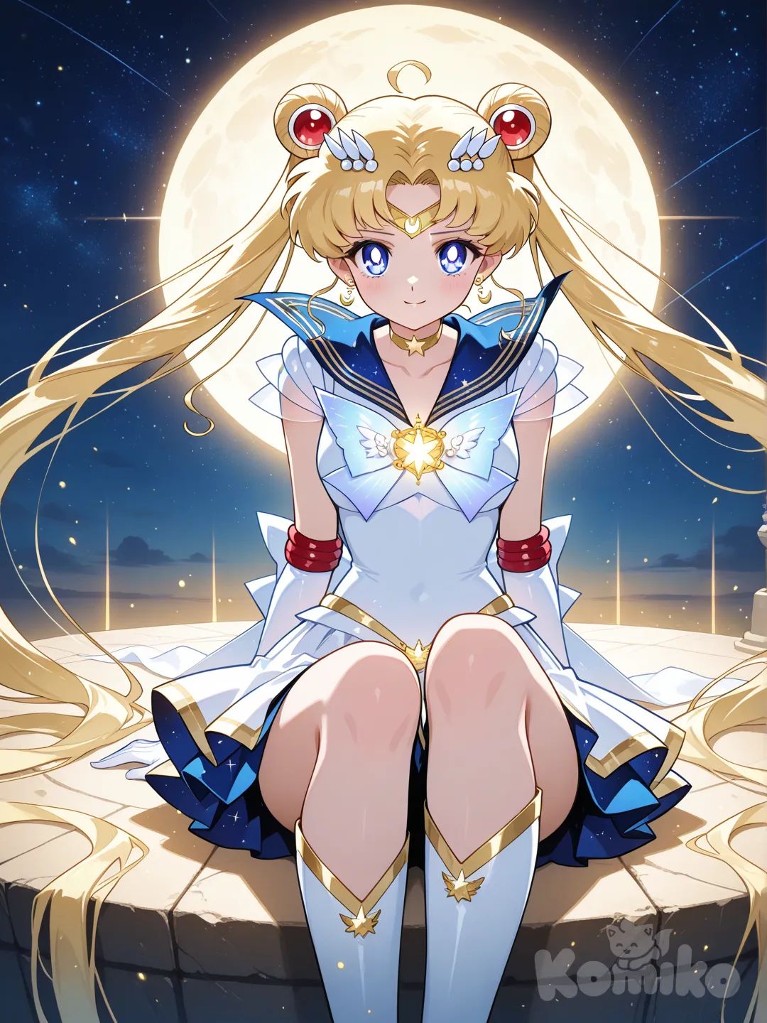 Cinematic anime illustration of Sailor Moon in her Eternal form, long flowing blonde hair with twin buns, glowing blue eyes, elegant white and gold sailor outfit, soft golden light surrounding her, star-filled sky background, peaceful and hopeful expression, magical aura, anime movie poster style, ultra-quality, 8k