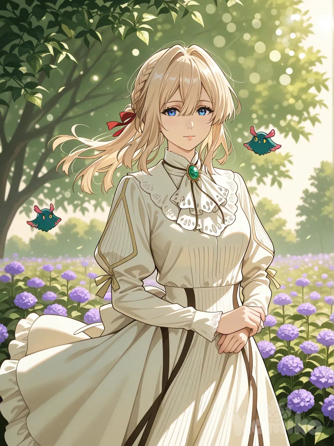 Elegant anime illustration of Violet Evergarden standing in soft natural sunlight, blue eyes filled with emotion, long blonde hair gently moving in the breeze, Victorian-inspired dress, realistic fabric textures, warm cinematic lighting, shallow depth of field, peaceful garden background, anime realism style, ultra-quality