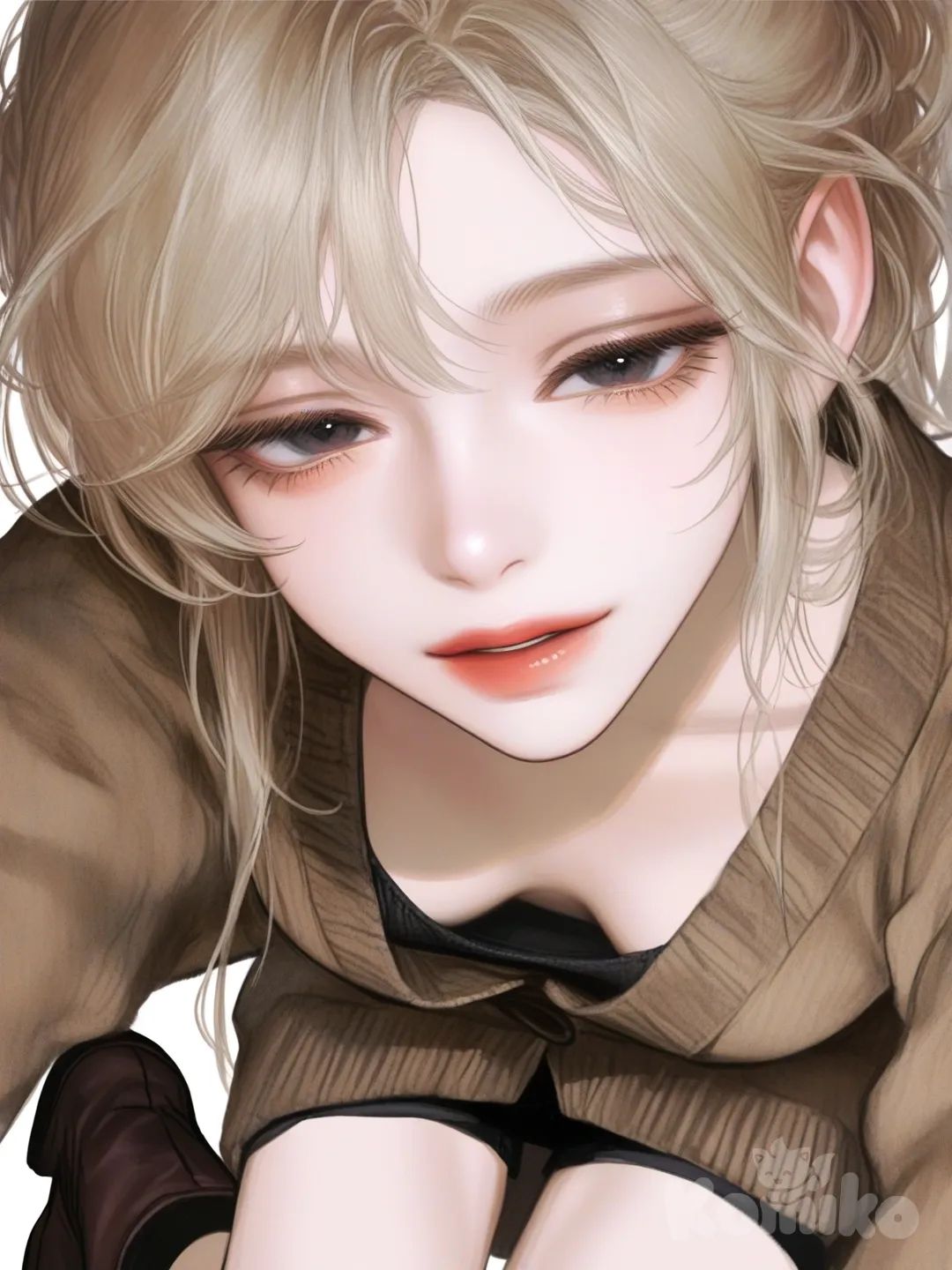 [semi-realistic-portrait-style] 1girl, realistic, long blonde hair, bang hairstyle, slim body, 168cm tall, 48kg weight, realistic body proportions, c cup size breasts, slim legs, korean girl, long slanted eyes, korean style makeup, light makeup, light lip, narrow jawline, haughty face, brown knitted simple cardigan, black brazier under cardigan, plunging neckline, no t-shirt, hot pants, short black pants, long brown boots below knees, standing up, looking at viewer, view from front, simple background, white background
