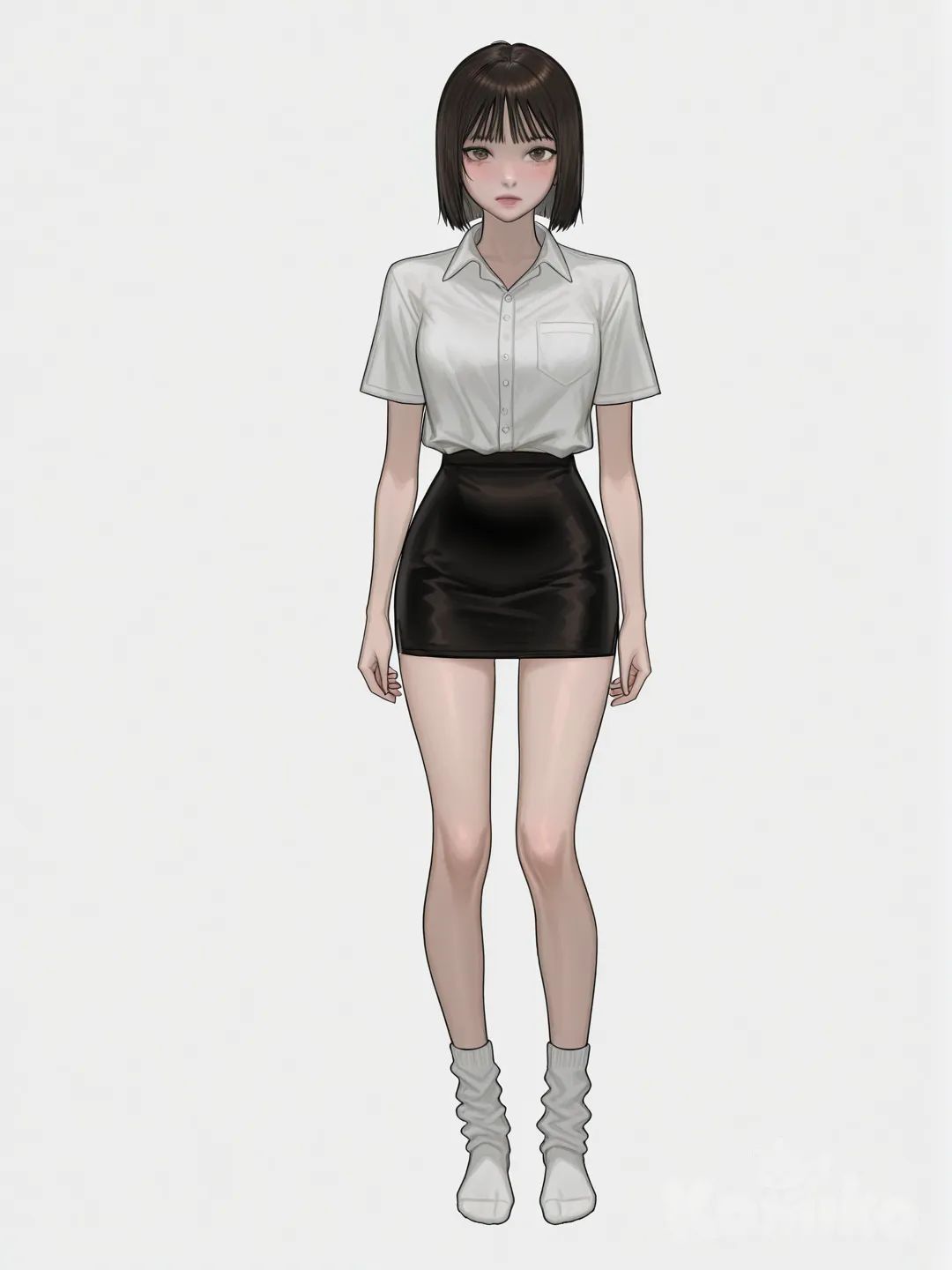 1girl, slim, 
Bob cut hair, dark brown hair, oval face, narrow jawline, monolid eyes, 
formal clothes, white shirt, tight shirt, short sleeves, 
black skirt, tight skirt, wrinkle-free skirt, slim legs, crew socks, no shoes,
looking at viewer, full body, simple background, white background, front view, [digital-painterly-style]