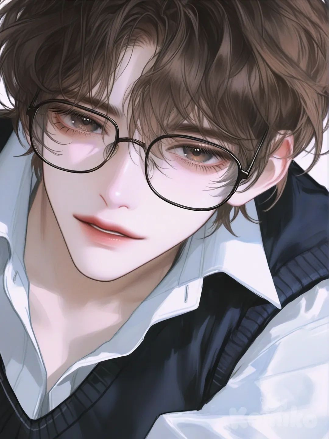 [semi-realistic-portrait-style], 1boy, nerdy, glasses, curly brown hair, brown eyes, sweater vest, button up shirt