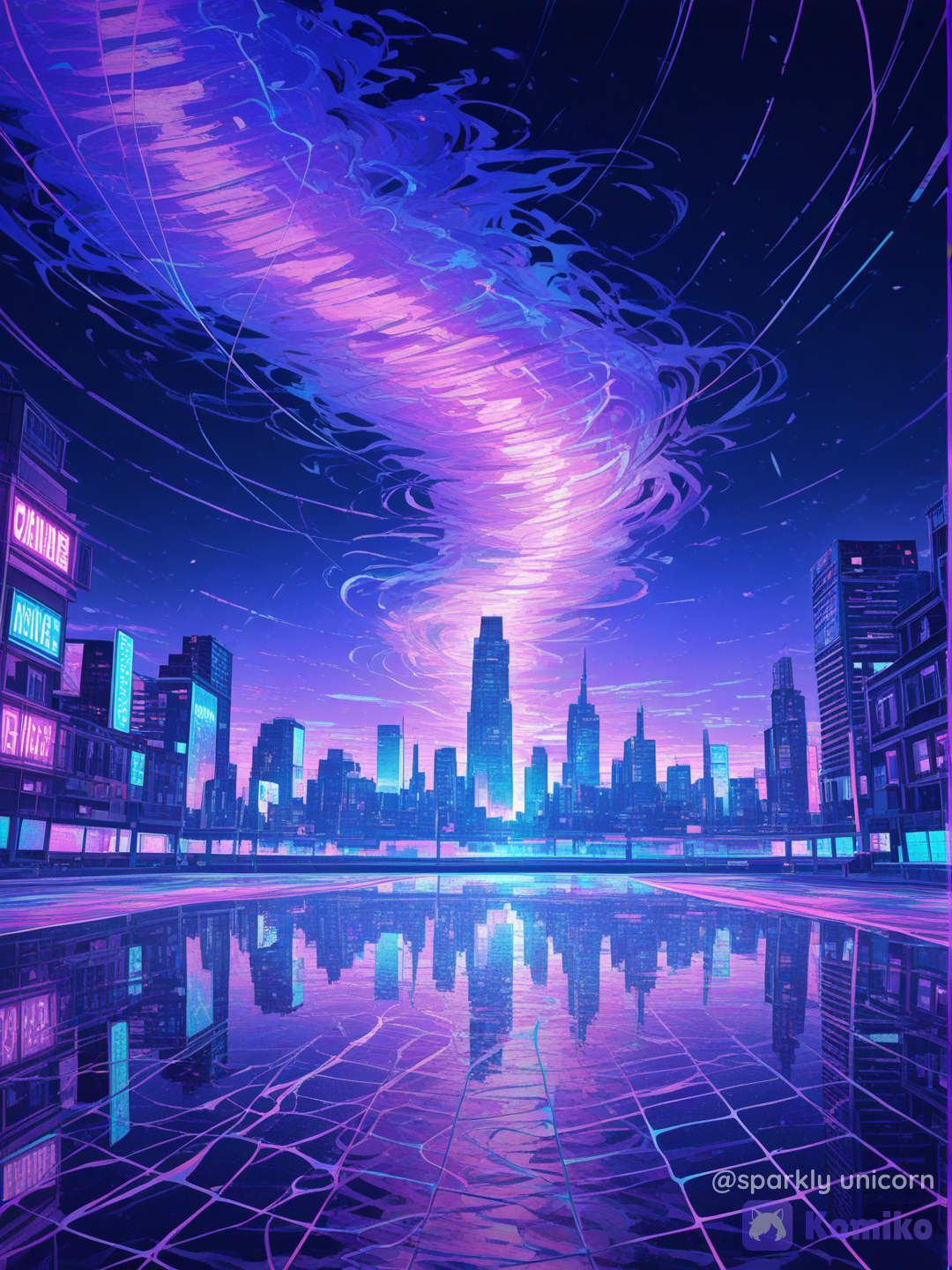 landscape, digital distortion, neon cityscape, surreal atmosphere, vibrant colors, experimental,