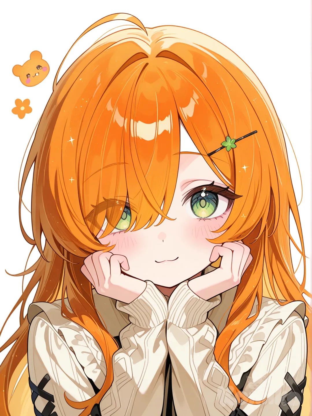 a girl Orange hair, you can't see his first eye because it is hidden by his hair ang green eyes she is very cute