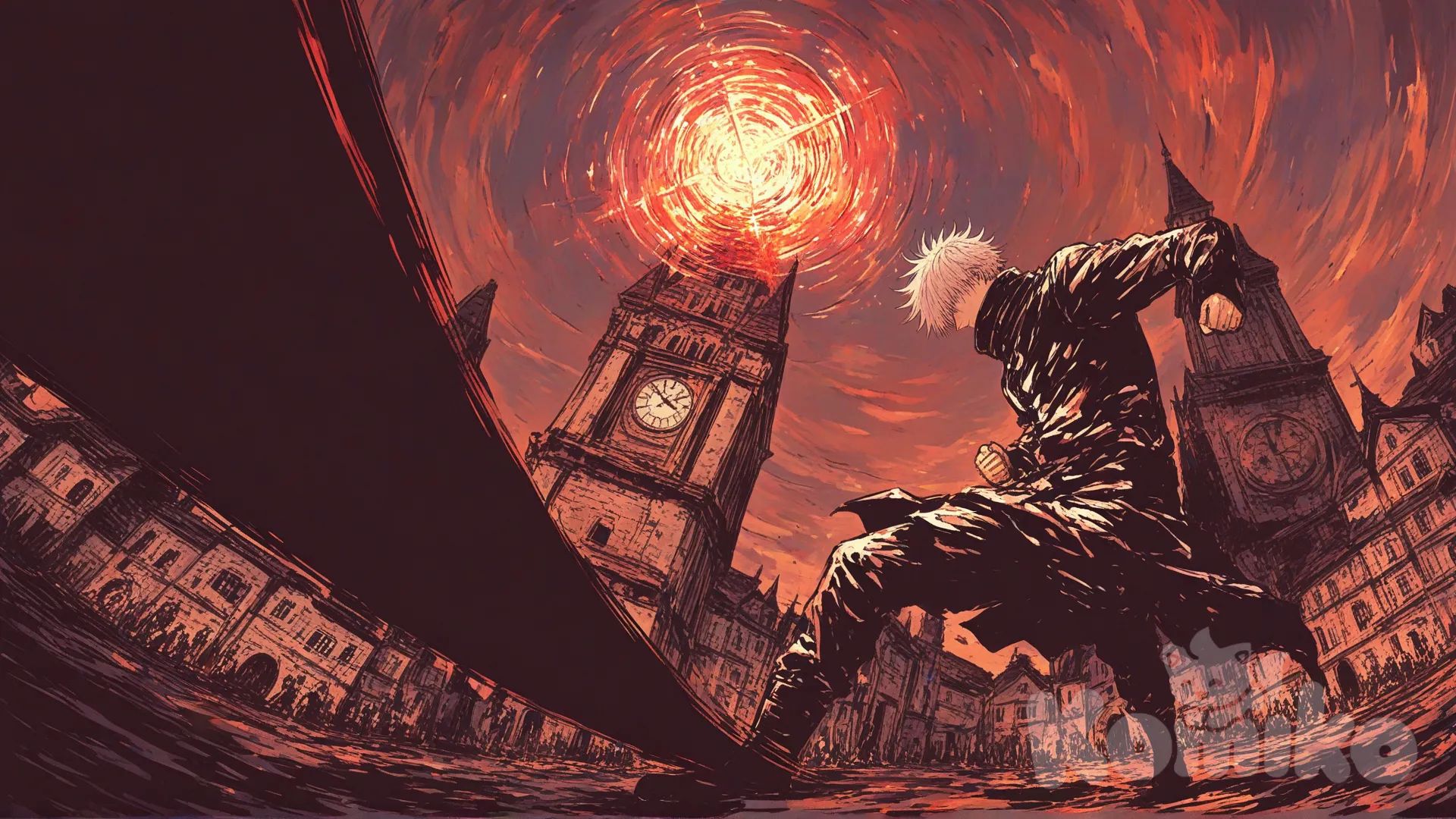 @Gojou_Satoru, two person fighting, fighting with their skill power, full body, panoramic lens, cinematic lighting, village, clock tower, [sweet-painting-style], looking at each other