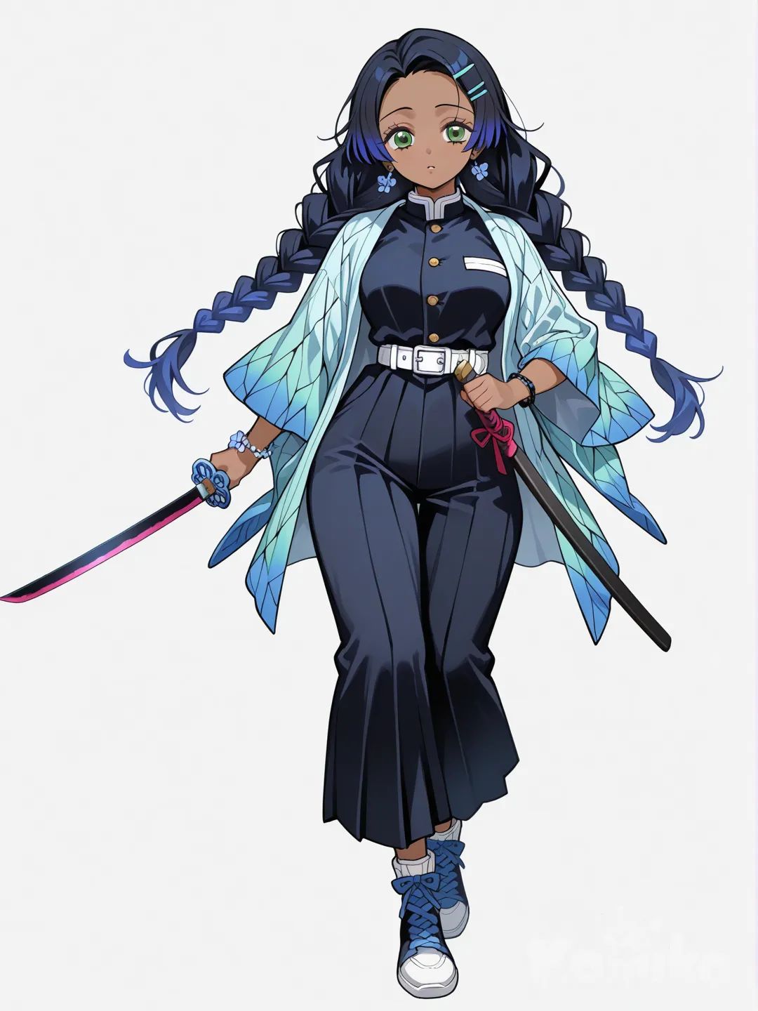 1girl, demon slayer style, teenager, curvy, dark skin, blue hair, braids, green eyes, tattoo, blue flower bracelet, blue flower earrings, black and blue sword, haori with blue and black flowers, no hairclip, single character, full body, looking at viewer, simple background, white background