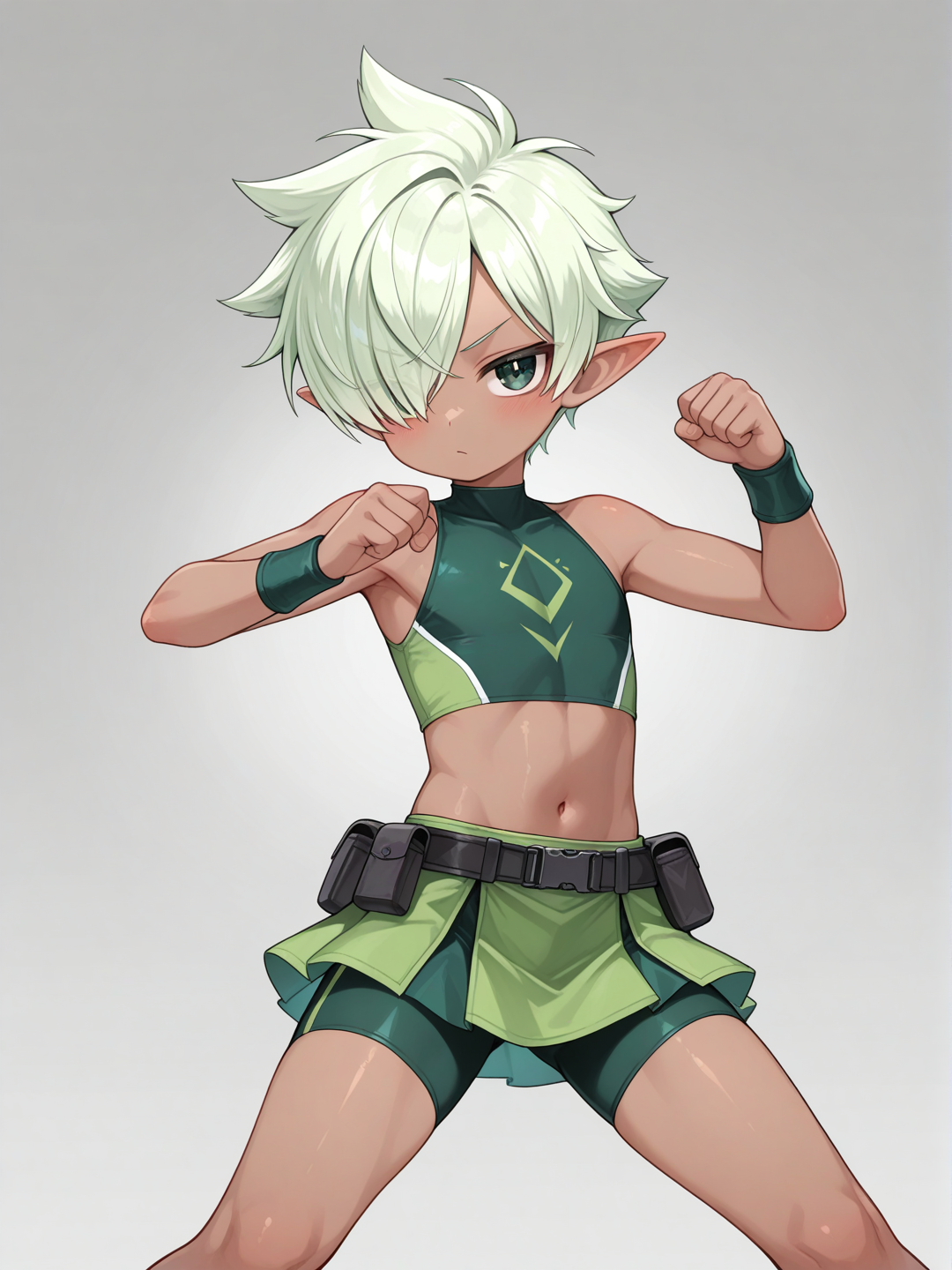 1boy, Dark skin, male focus, Boy, Young, short pointy ears, solo, dark green eyes, light green hair, spiked hair, very short hair, hair over one eye, sleeveless, crop top, mini skirt, green bike shorts under skirt, slender, utility belt, strike, sota , Daikung ,aki, aoki, aoi, sota, nobu,Very high image quality, clear details, high image quality