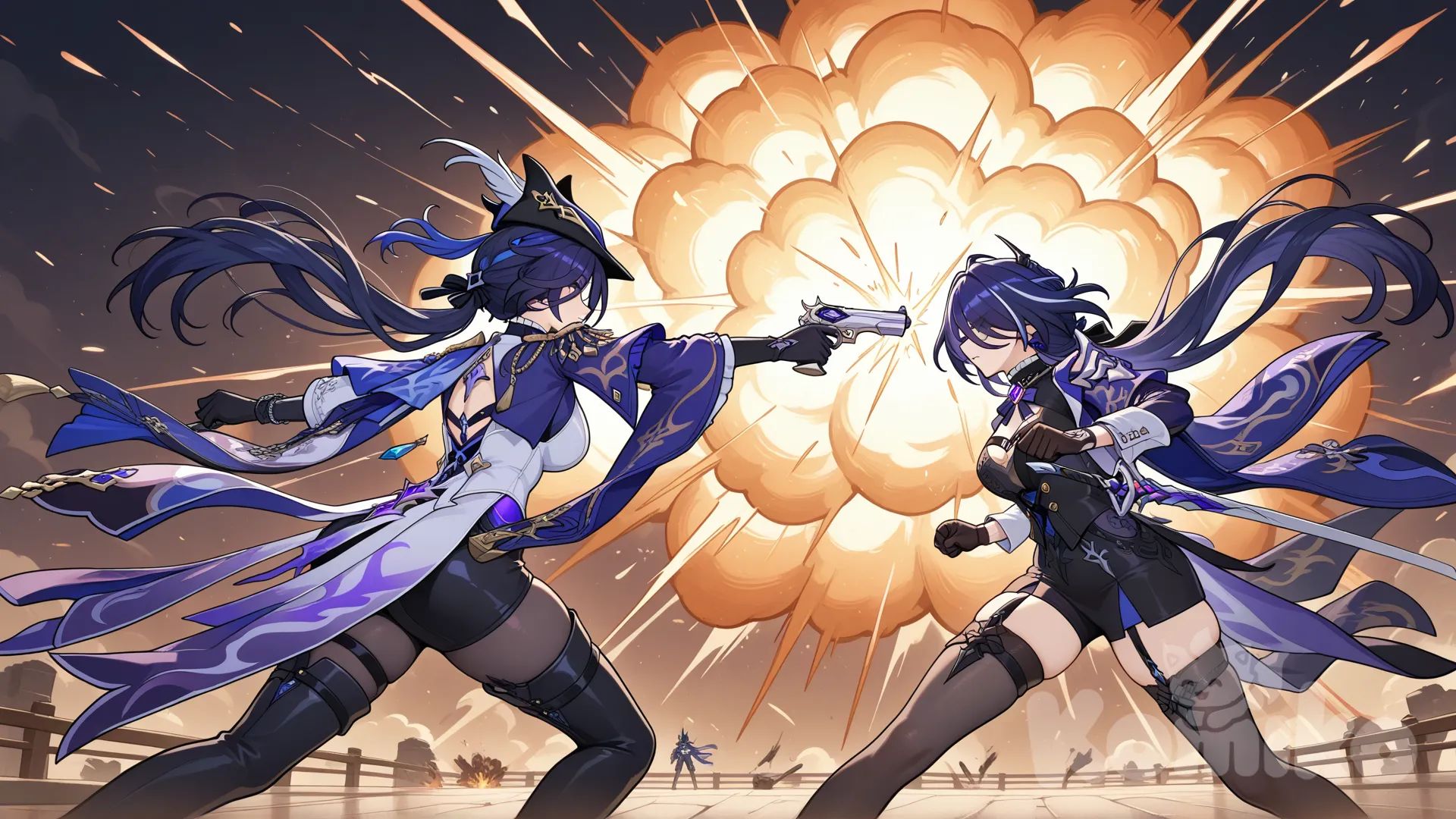@Clorinde_(Genshin_Impact) gun,ultimate, explosion, epic, vs, fight,@Acheron_(Honkai:Star_Rail) fight, epic