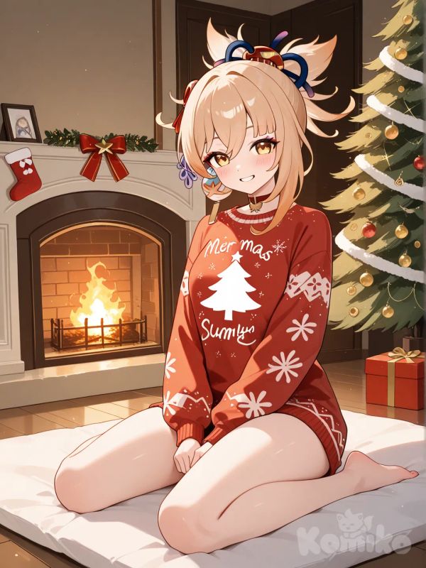 @Yoimiya_(Genshin_Impact) , blush, новогодний свитер, full body, room, камин, сидит, christmas tree, christmas