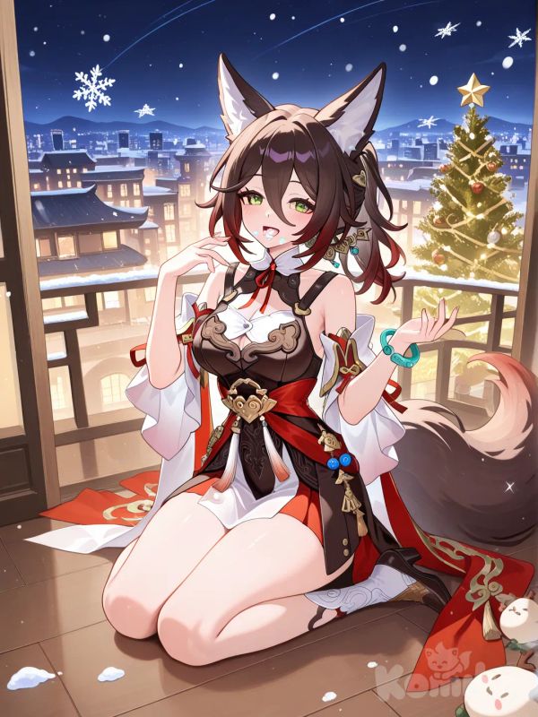 @Tingyun_(Honkai:Star_Rail), blush, smile, full body, cityscape China, Cath snow on mouth, snow falling, christmas, christmas tree