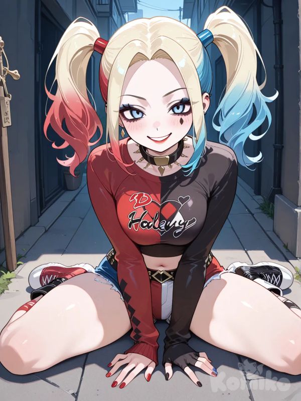 @Harley_Quinn, blush, smile, sitting on the ground, looking at viewer