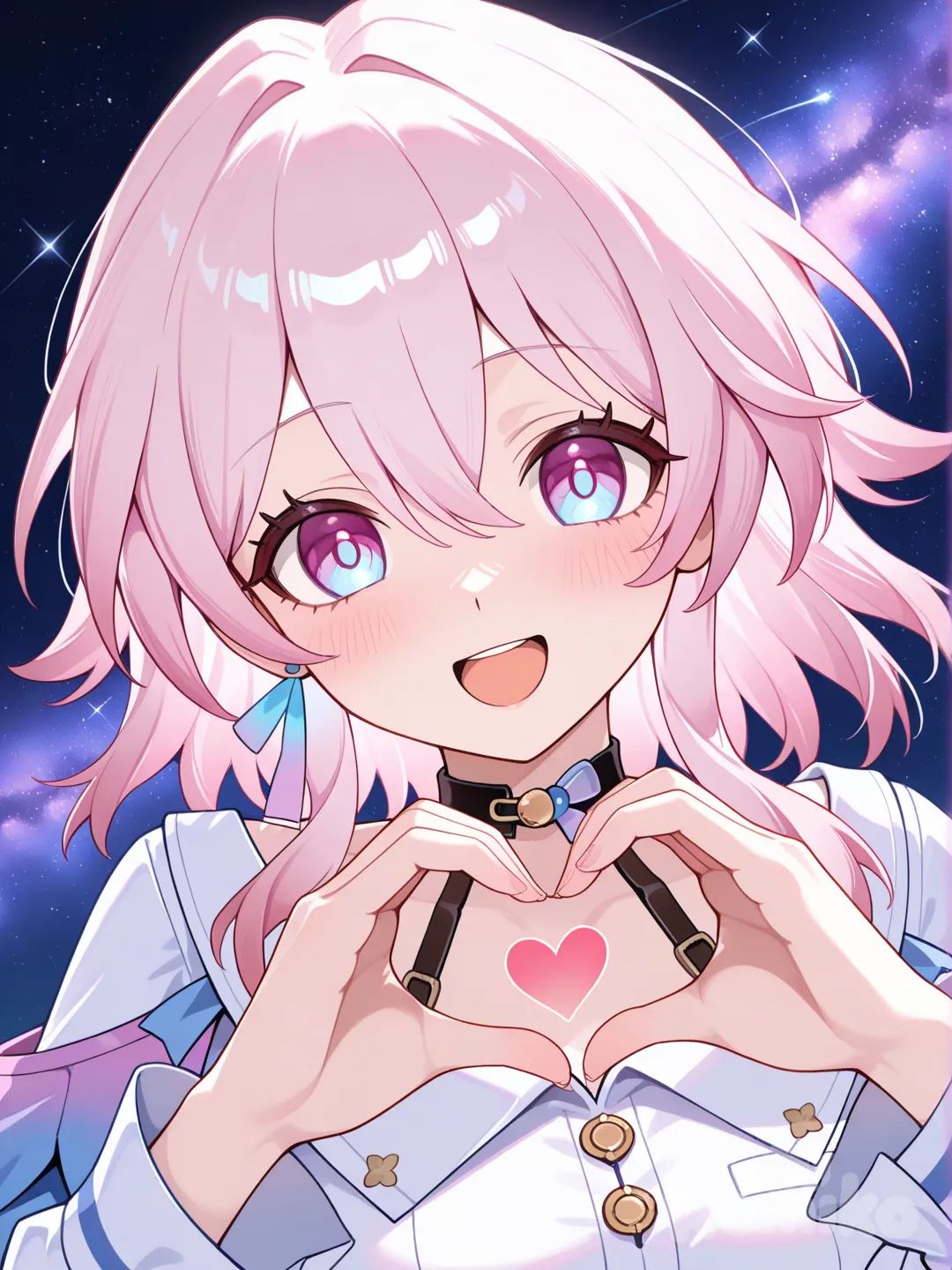 @March_7Th_(Honkai:Star_Rail), heart hands, blush, open mouth,space
