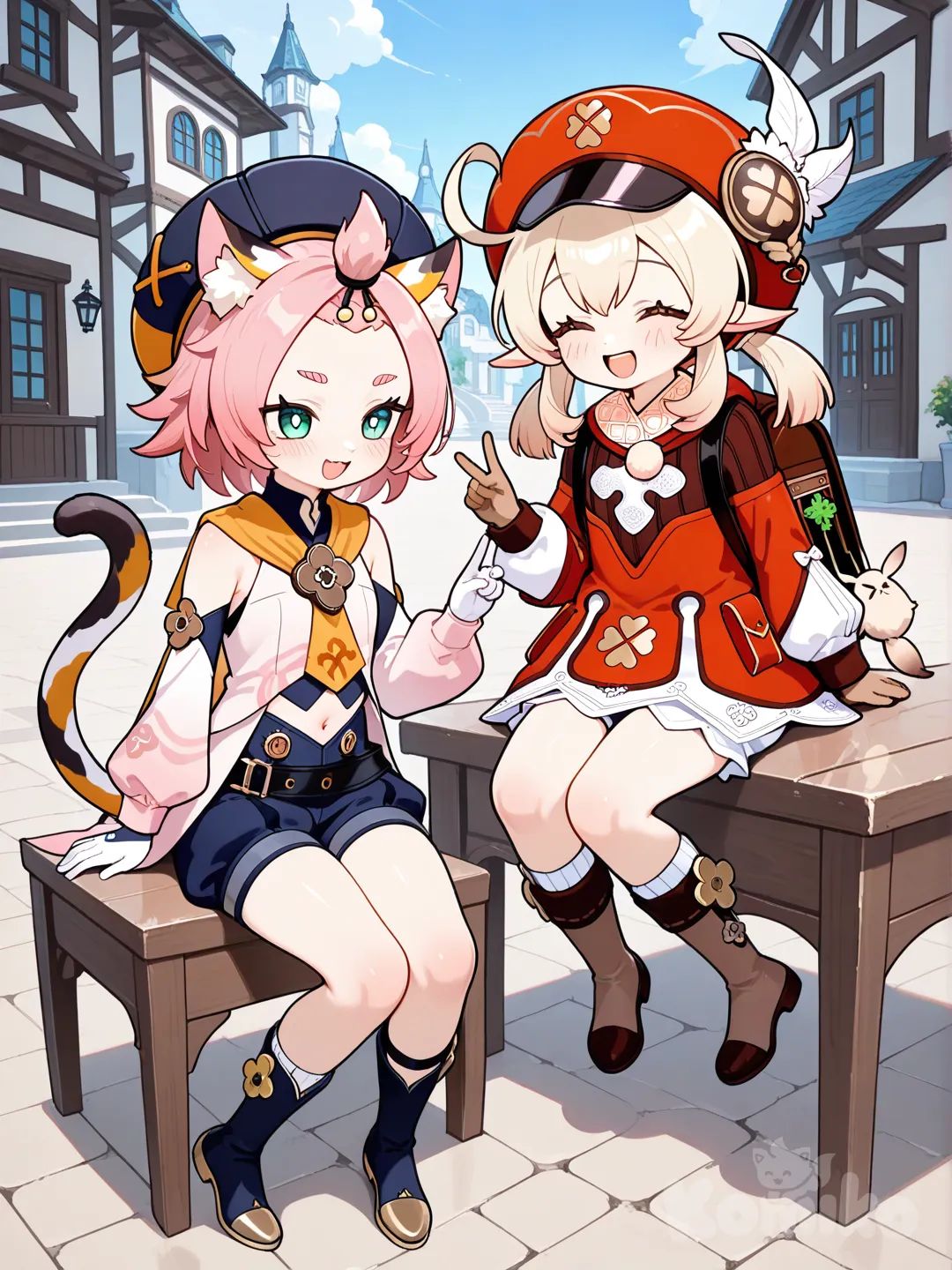 @Klee_(Genshin_Impact), @Diona_(Genshin_Impact), blush, laughing, full body, medival cityscape, sitting on the tabel,play Rock, Paper, Scissors