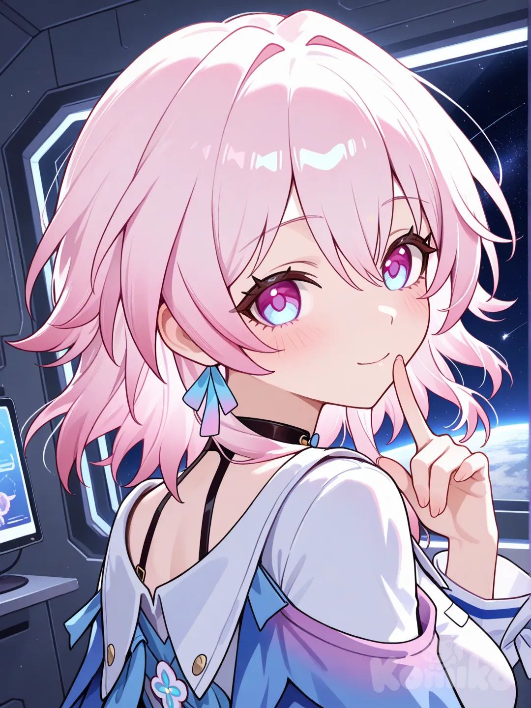 @March_7Th_(Honkai:Star_Rail), close finger mouth, looking back, space station, blush
