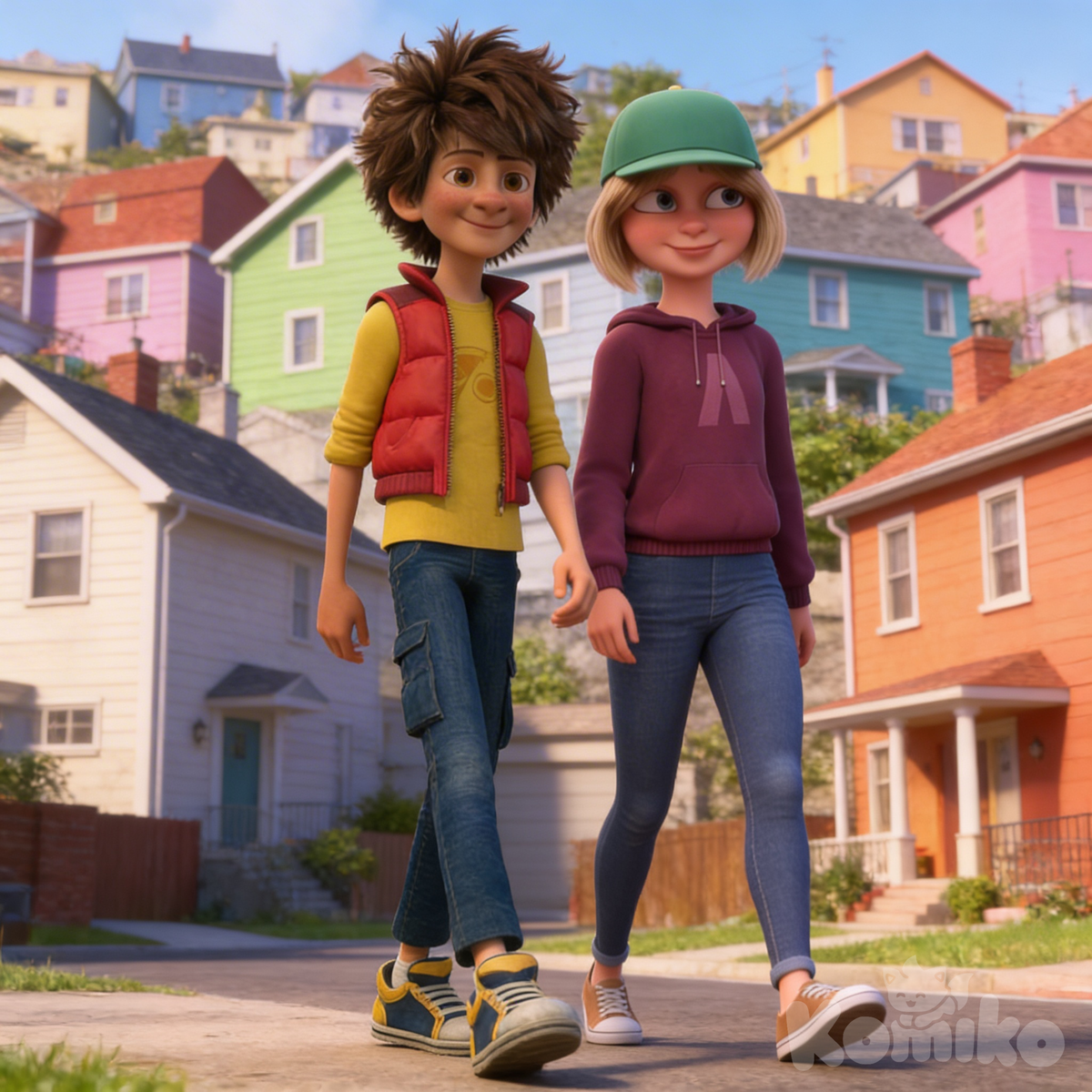 Adam y Emma caminando muchas casas