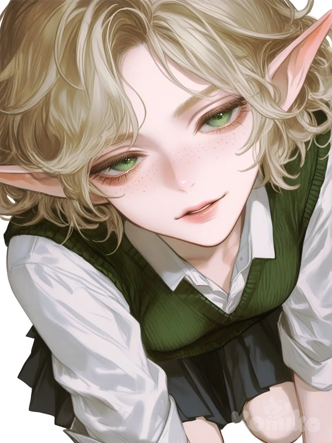 [semi-realistic-portrait-style] 1girl, elf, blonde_hair, wavy_hair, green_eyes, freckles, scar, fair_skin, pleated_skirt, knitted_vest, hair_pin, short, single character, full body, looking at viewer, anime style, simple background, white background