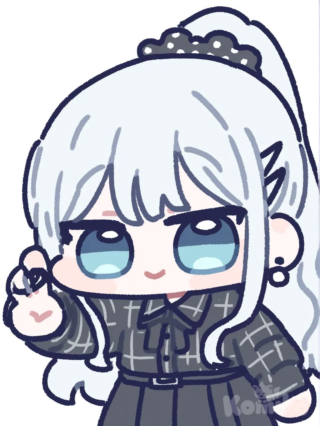 [chibi-sticker-style], 1boy, 1girl, 2people, @Tokitou_Muichirou, @yuki-matsumoto-Qlsw, selfie, smile, school uniform, lace, hairpin, high ponytail, white hair, wavy hair, long hair