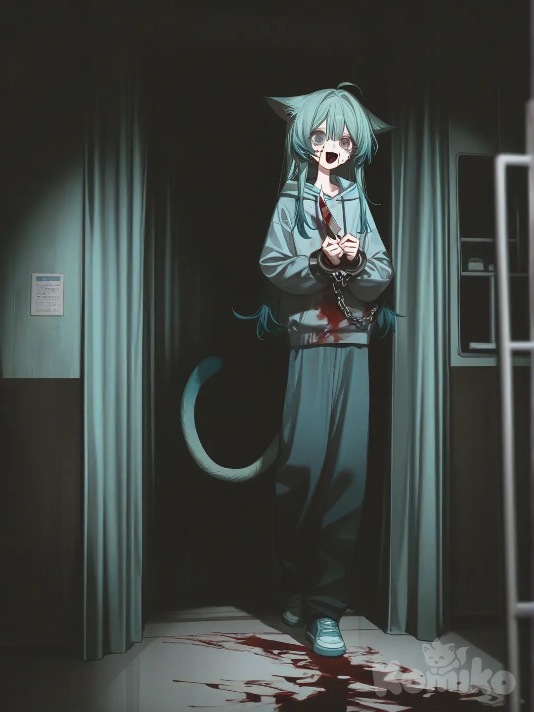 Cute anime girl.with long teal and turquoise long hair. has cat-ear, wearing a light blue hoodie , blue pants, and teal sneakers. ,matches eyes (one blue, one brown) , furry cat ,Turquoise fur Everywhere, cat tail, creepy, yandere, blood in charachter, psychopath, holding knife,sociopath,Murder, Serial Killer, In a psychiatric hotel, horror, agressive,zombi,Possessed by a Evil spirit, crying with eyes open, Suffering, bloody,arms chained, gothic , [high-contrast-glossy-style]