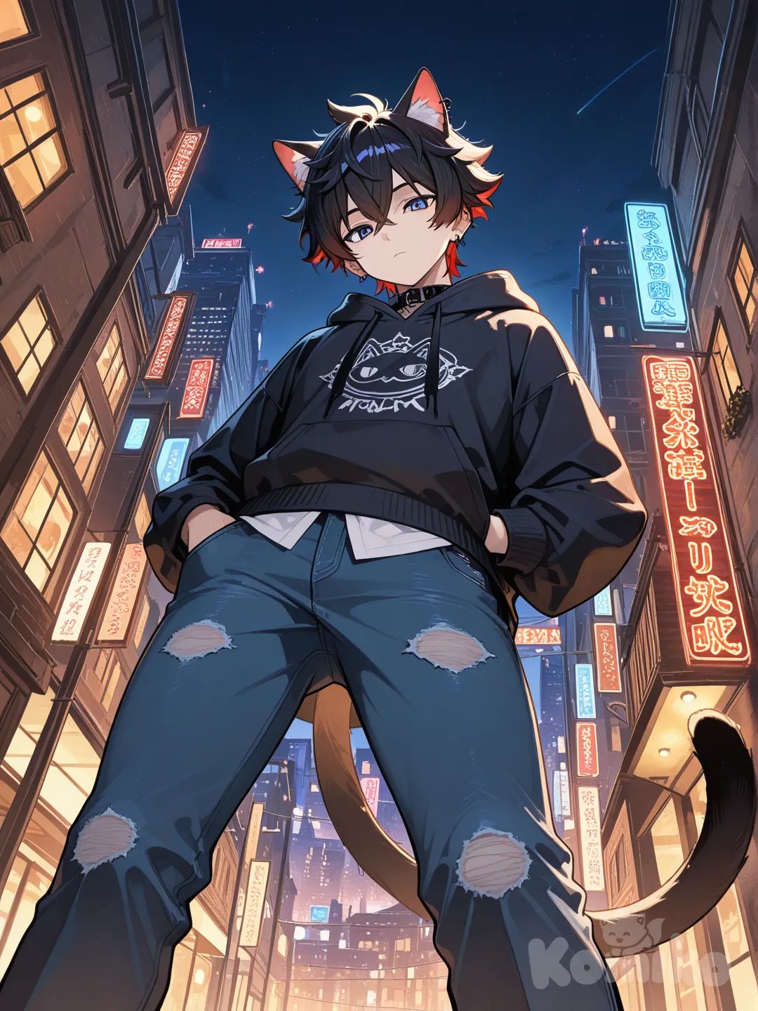 1boy, head tilt, expressionless, hoodie, jeans, cat ears, spiky hair, looking at viewer, from below, cityscape, night