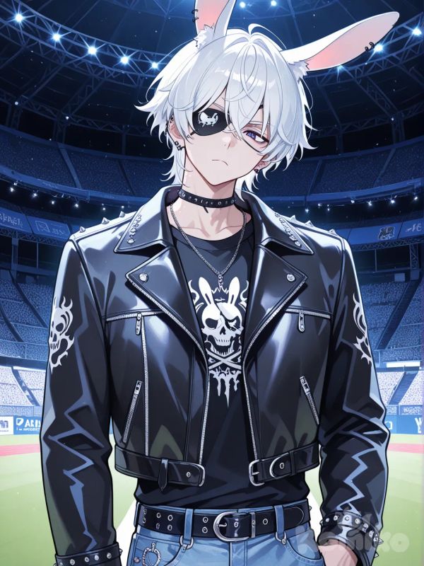 1boy, head tilt, frown, punk leather jacket, jeans, studs, rabbit ears, eye patch white hair, stadium