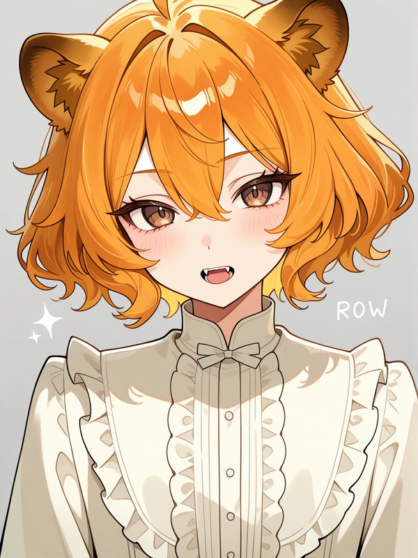 1boy orange hair center part Wavy hair bob brown eyes Fangs visible from the mouth, lion,
ears
