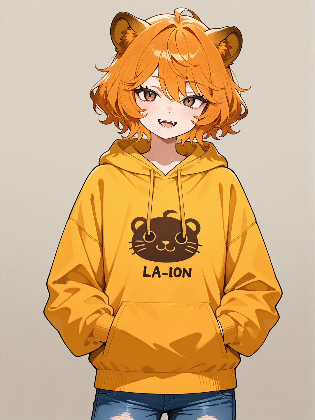 1boy orange hair center part Wavy hair bob brown eyes Fangs visible from the mouth, lion,
ears, hoodie, jeans