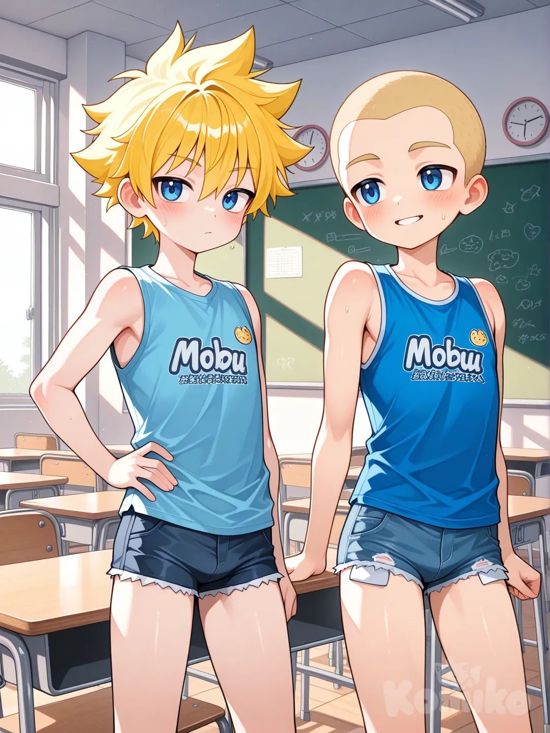 Young, 2boys, male focus, blue eyes, very short hair, buzz cut, spiked hair, blonde hair, sleeveless, blue t-shirt, denim, micro shorts , Daikung ,sota, classroom, aki, aoki, aoi, sota, nobu, type-e,type-e