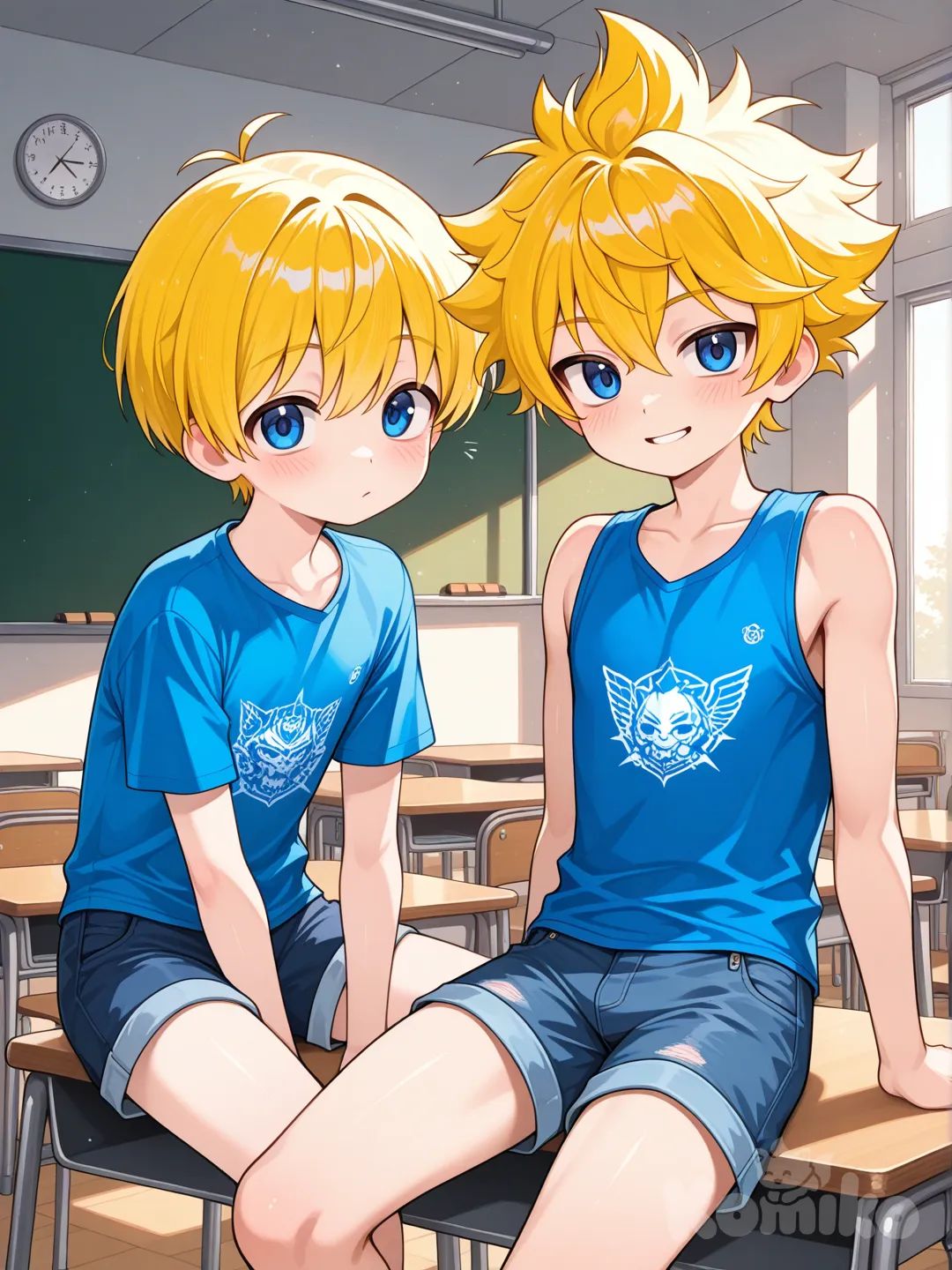 Young, 2boys, male focus, blue eyes, very short hair, spiked hair, blonde hair, sleeveless, blue t-shirt, denim, micro shorts , Daikung ,sota, classroom, aki, aoki, aoi, sota, nobu, type-e,type-e
