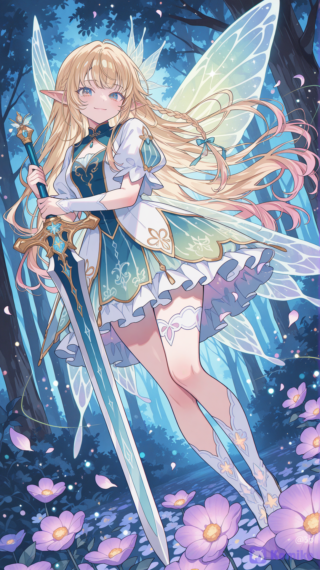 extremely ultra-very aesthetic, absurdres, highly sparkle, smart contrasts, intricate lighting, gradiant lighting, clear focal point, fairytale aesthetic, bright colors, black contrast,  1girl, solo, blonde hair, fae, side braid, main character, (fairy), rainbow radiant eyes, glowing fairy wings, confident smile, holding sword, Greatsword, dynamic angle, dutch angle, looking at viewer, confident expression, subtle smile, fairy garden background, bokeh, giant flower, full bloom, beautiful, fairy knight, [cyber-candy-style] độ phân giải cực cao, chất lượng ảnh cực cao, chi tiết chân thực và tỉ mỉ, màu sắc sống động, điện ảnh, chân thực và rất chân thực  Làn da siêu thực, khuôn mặt siêu thực, thân hình siêu thực, kết cấu da siêu thực, tóc siêu thực, mắt siêu thực, ánh sáng chân thực, chi tiết siêu sắc nét, kết cấu da chân thực (chân thực như ảnh chụp).Tôn trọng khuôn mặt tham khảo, không bị mờ, độ phân giải rất cao, chất lượng chi tiết rất cao, Full HD. Độ phân giải 16K, làn da siêu thực, khuôn mặt siêu thực, thân hình siêu thực, tóc siêu thực, mắt siêu thực, chi tiết siêu thực, kết cấu da chân thực (như ảnh chụp), toàn thân. Rất nhiều chi tiết trên da. Trung thực với khuôn mặt tham khảo, không bị mờ, độ phân giải rất cao, chất lượng chi tiết rất cao, Full HD.