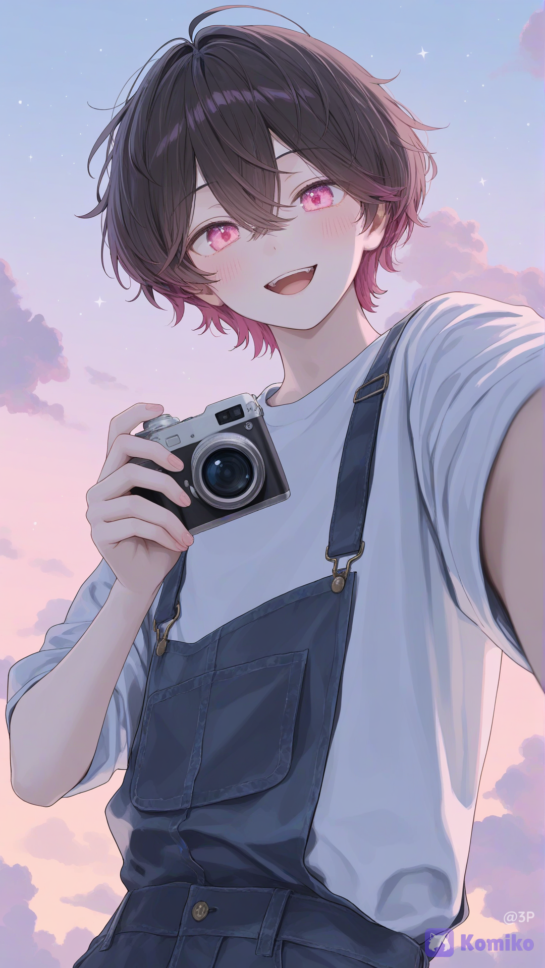 A highly digital illustration of an adorable anime chibi boy, thick bouncy curly dark brown hair, massive expressive bright pink eyes that shimmer with light, flashes a wide joyful smile directly at the viewer from a dynamic close-up selfie perspective reaching out with both hands as if holding the camera, is dressed in a crisp white t-shirt layered underneath classic blue denim overalls with golden metal buckles, an enchanting pastel fantasy dreamscape filled with voluminous, fluffy cotton-candy pink clouds drifting across a soft lavender sky, gentle beams of ethereal light, floating golden stars, magical pink sparkles drift softly through the air, casting a beautiful, cohesive warm glow over him, artwork has crisp clean line art and professional cell-shading with a bright, vibrant color palette, closeup, [soft-pastel-style]Ultra realistic photorealistic, cinematic lighting, extremely ultra high resolution, 16K UHD, Full HD quality, hyper skin texture, realistic pores, ultra realistic face, ultra realistic eyes, ultra realistic hair, realistic human body proportions, natural lighting, lifelike shadows, highly facial features, sharp focus, crystal clear image, vivid colors, cinematic atmosphere, realistic depth of field, realistic reflections, realistic textures, professional photography quality, HDR, no blur, extremely sharp details, highly skin, realistic eyelashes, realistic lips, realistic hair strands, natural expression, highly full body portrait, photo-realistic quality, true-to-life appearance, ultra clean image quality, premium visual quality, studio quality rendering. Faithful to the reference face, preserve facial identity, natural anatomy, realistic skin imperfections, ultra eyes and skin, highly realistic human texture, realistic lighting and shadows, cinematic realism, composition, extremely high detail, professional quality.