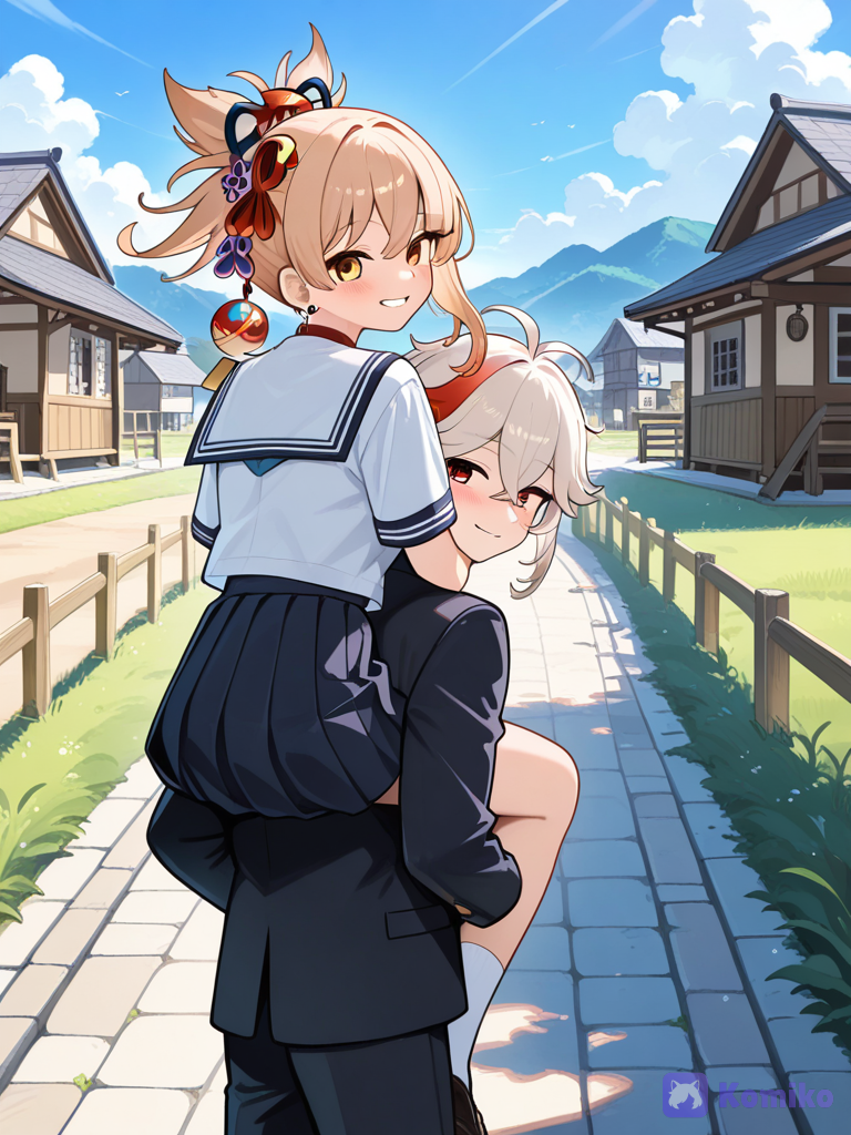 Кадзуха несёт Ёимию по деревне ♡